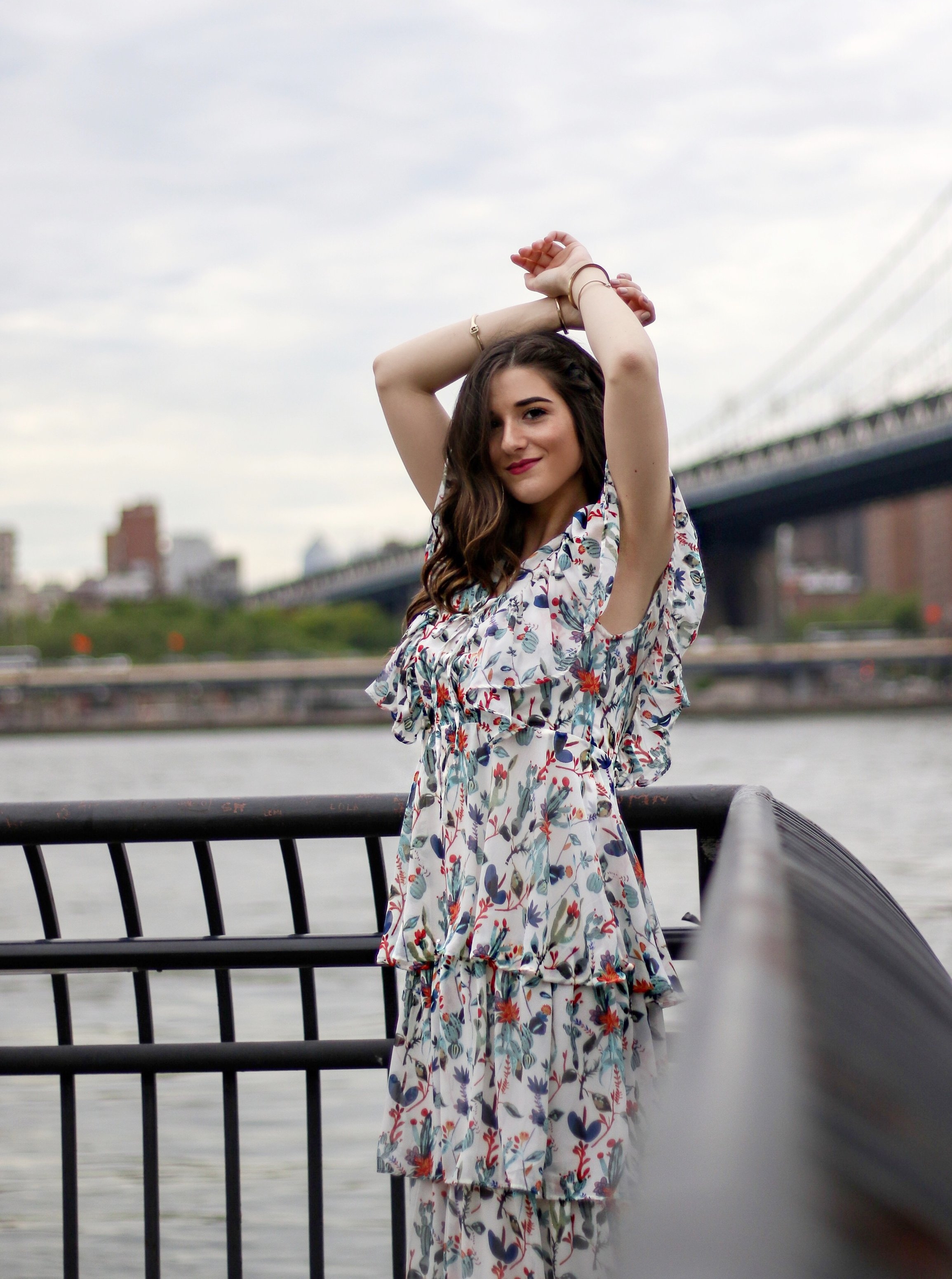Ruffle Floral Maxi Dress Why You Should Trust Me Esther Santer Fashion Blog NYC Street Style Blogger Outfit OOTD Trendy Summer Outdoors Pretty Girly Photoshoot Feminine Beautiful Model Accessories Shop Women Sandals Wedges Shoes Gold Bracelets Jewelry.JPG