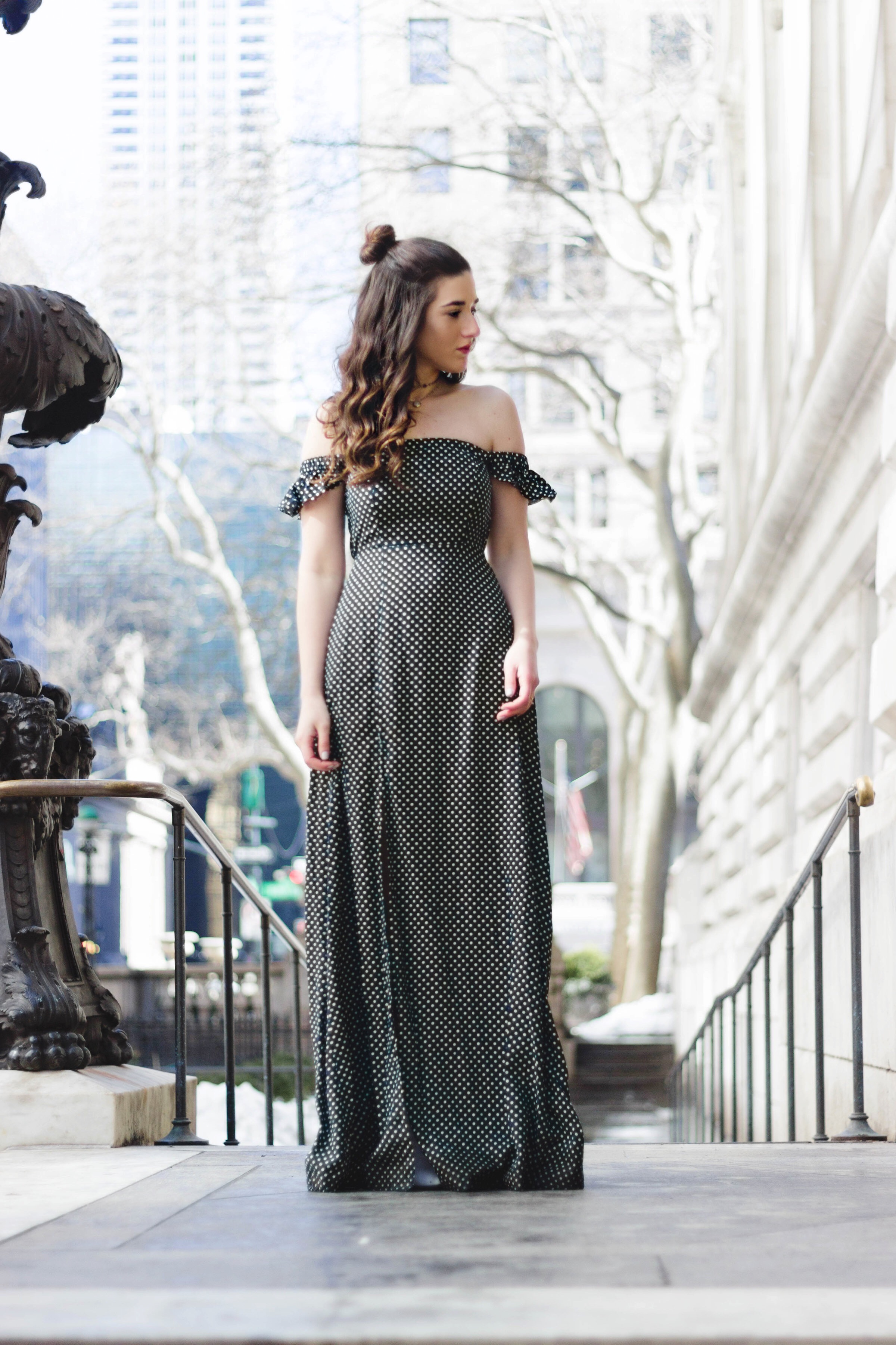 Polka Dot Maxi Dress Beach Hat How To Afford Living In NYC Esther Santer Fashion Blog NYC Street Style Blogger Outfit OOTD Trendy Topknot Girl Women Feminine Summer Look  Cold Shoulder New York City Chokers Ela Rae Jewelry Accessories Lulus Giovannio.jpg