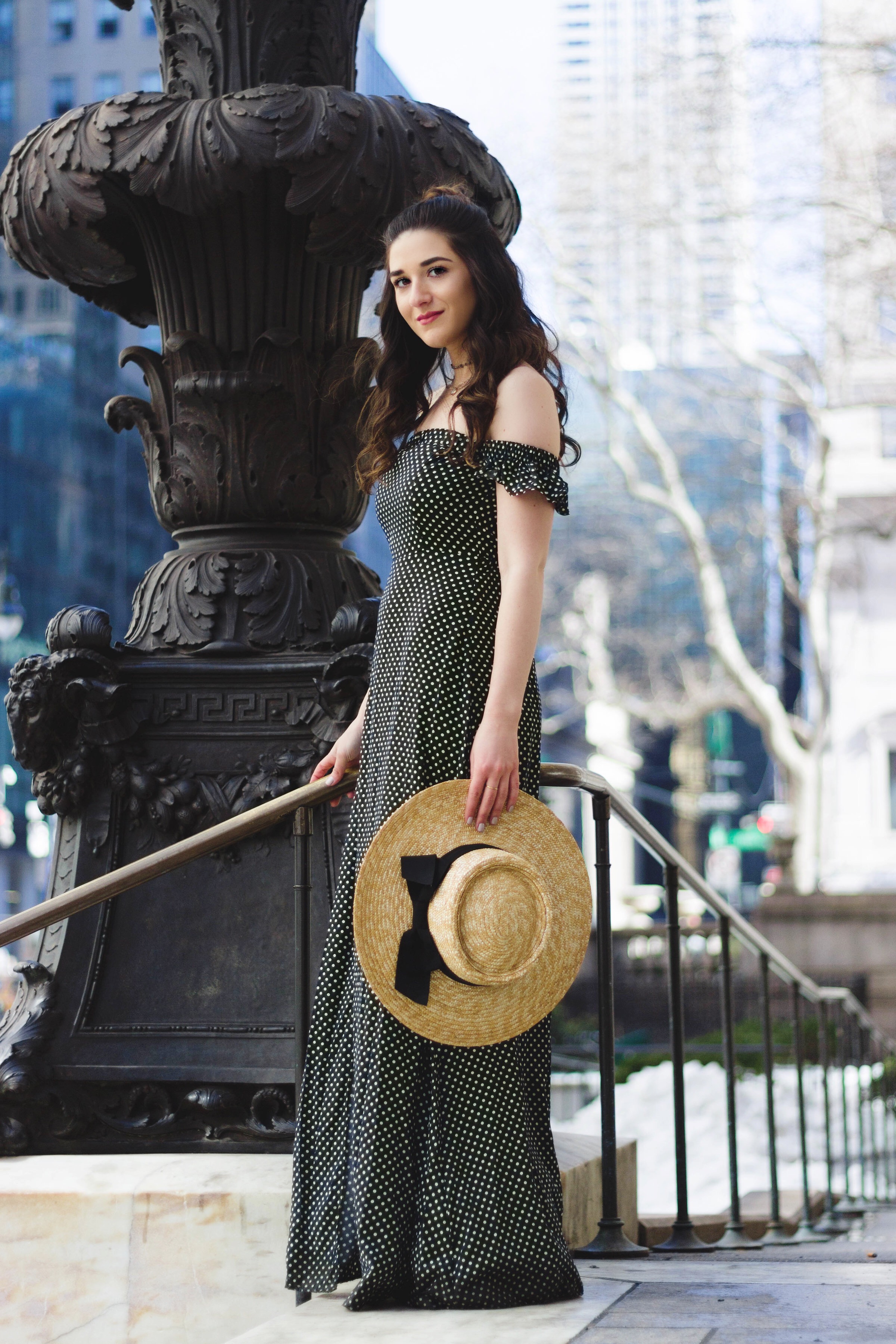 Polka Dot Maxi Dress Beach Hat How To Afford Living In NYC Esther Santer Fashion Blog NYC  Street Style Blogger Outfit OOTD Trendy Topknot Girl Women Feminine Summer Look Cold Shoulder New York City Chokers Ela Rae Jewelry Accessories Lulus Giovannio.jpg