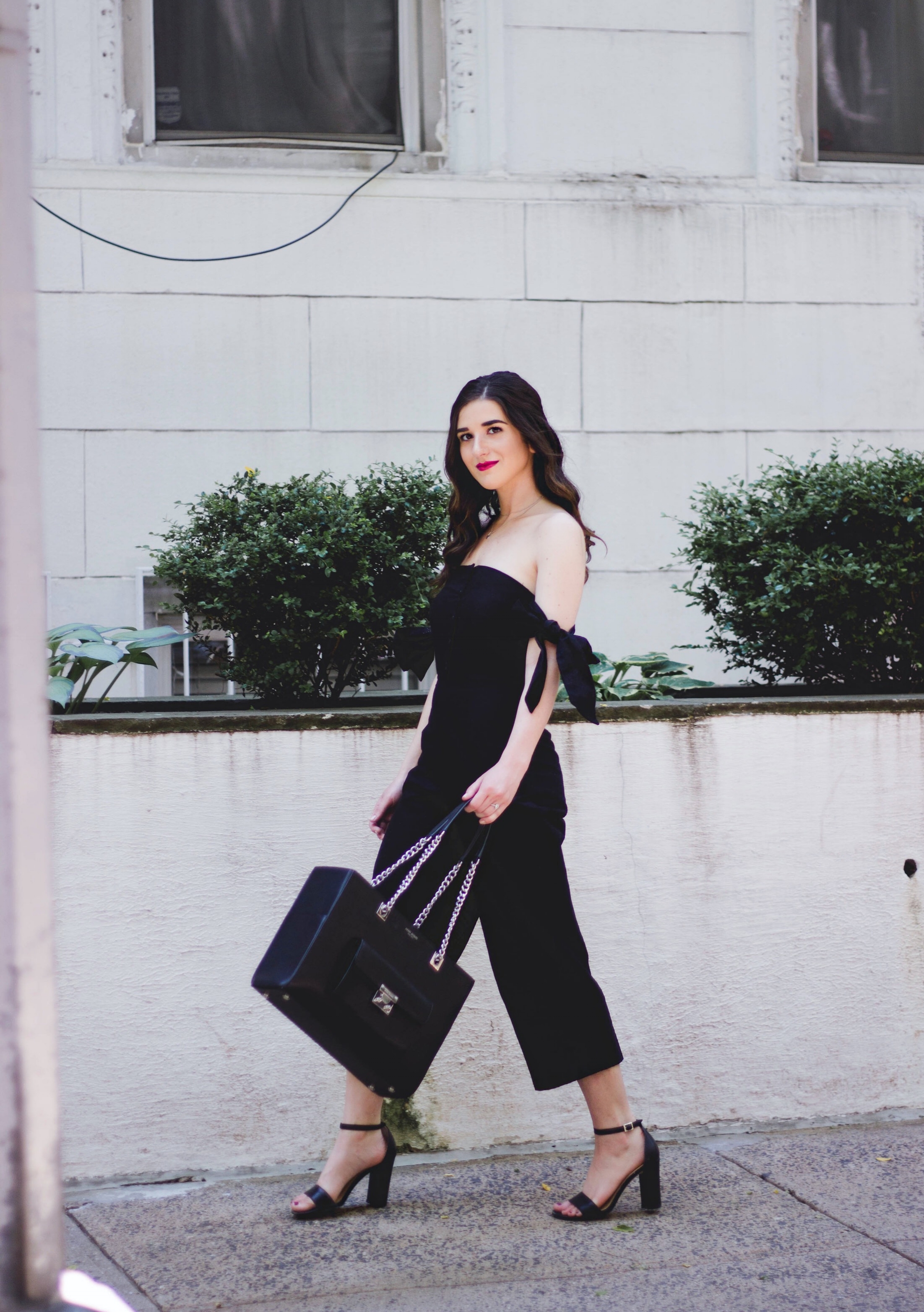 Black Asos Jumpsuit Prioritizing Life And Blog Esther Santer Fashion Blog NYC Street Style Blogger Outfit OOTD Trendy Monochrome Bag Purse Henri Bendel Beauty Model Photoshoot Shoes Wear Heels Sandals Open Toe  Hair Red Lips Pretty Summer Pants Girl.JPG