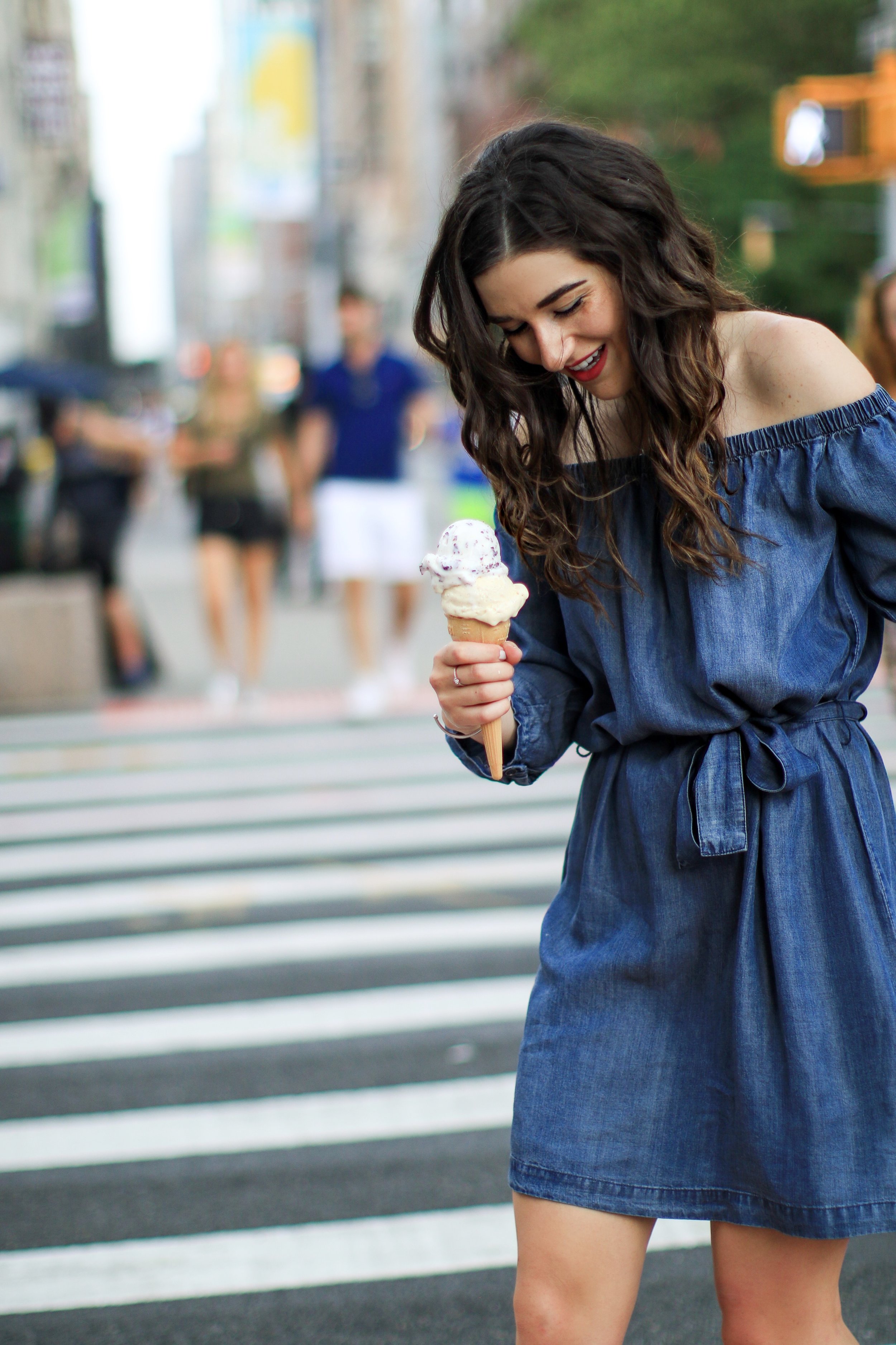 Trescool Chambray Dress 10 Ways To Overcome Writer's Block Esther Santer Fashion Blog NYC Street Style Blogger Outfit OOTD Trendy Denim Red Shoes Lace Up Girl Women Cold Shoulder Summer Beautiful  Pretty Shopping French Connection Hair City Photoshoot.JPG