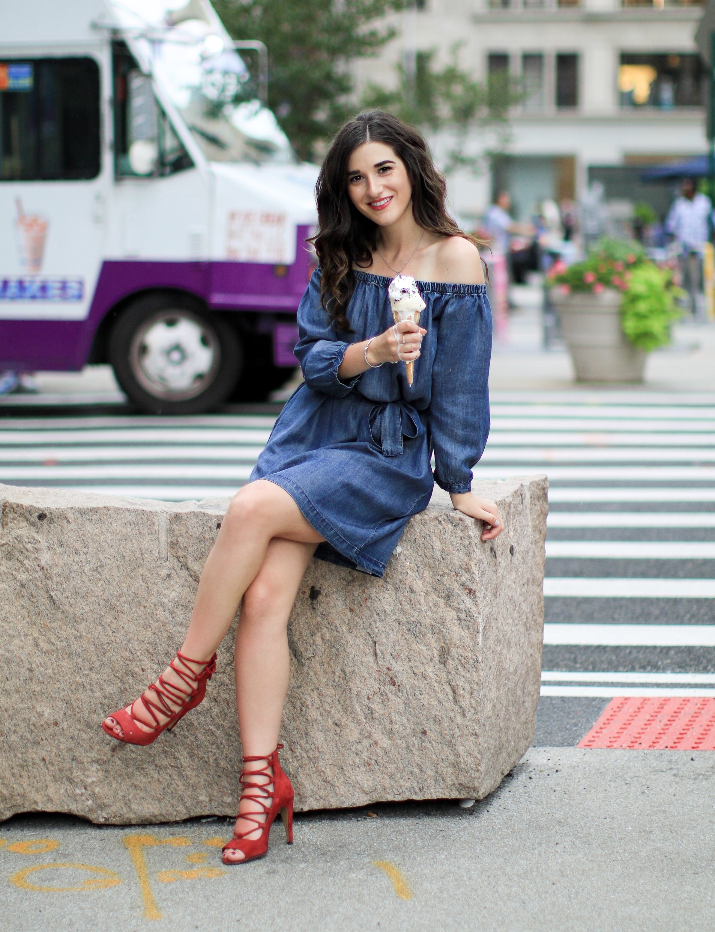 Trescool Chambray Dress 10 Ways To Overcome Writer's Block Esther Santer Fashion Blog NYC Street Style Blogger Outfit OOTD Trendy Denim Red Shoes Lace Up Girl Women Cold Shoulder  Summer Beautiful Pretty Shopping French Connection Hair City Photoshoot.JPG