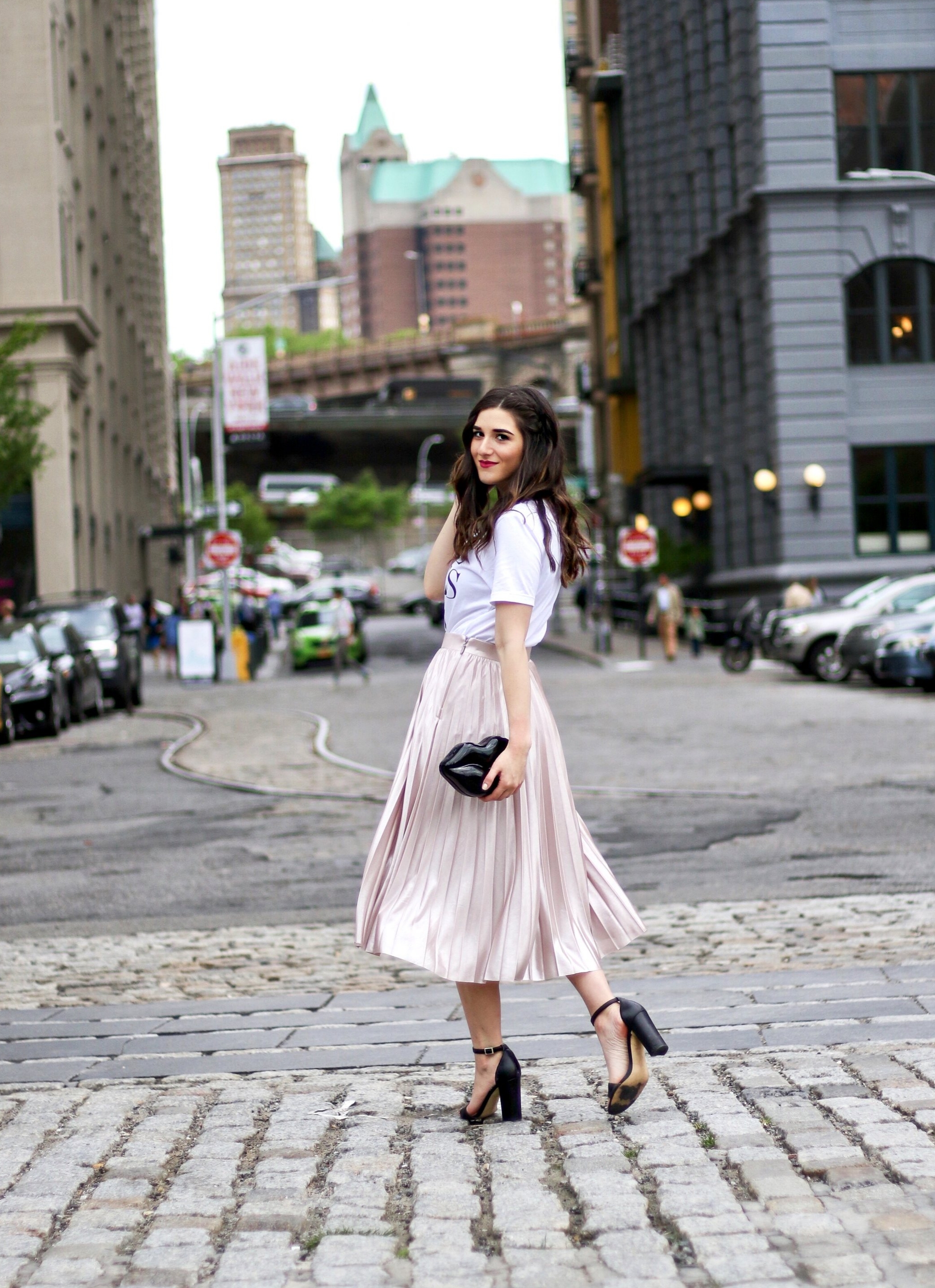 Metallic Midi Skirt + Graphic Tee 5 Mistakes Brands Make When Pitching Influencers Esther Santer Fashion Blog NYC Street Style Blogger Outfit OOTD Trendy Rachel Roy Shopping Girl Women Tshirt Shoes Heels  Ivanka Trump Black Lips Bag Clutch Pretty Cute.JPG