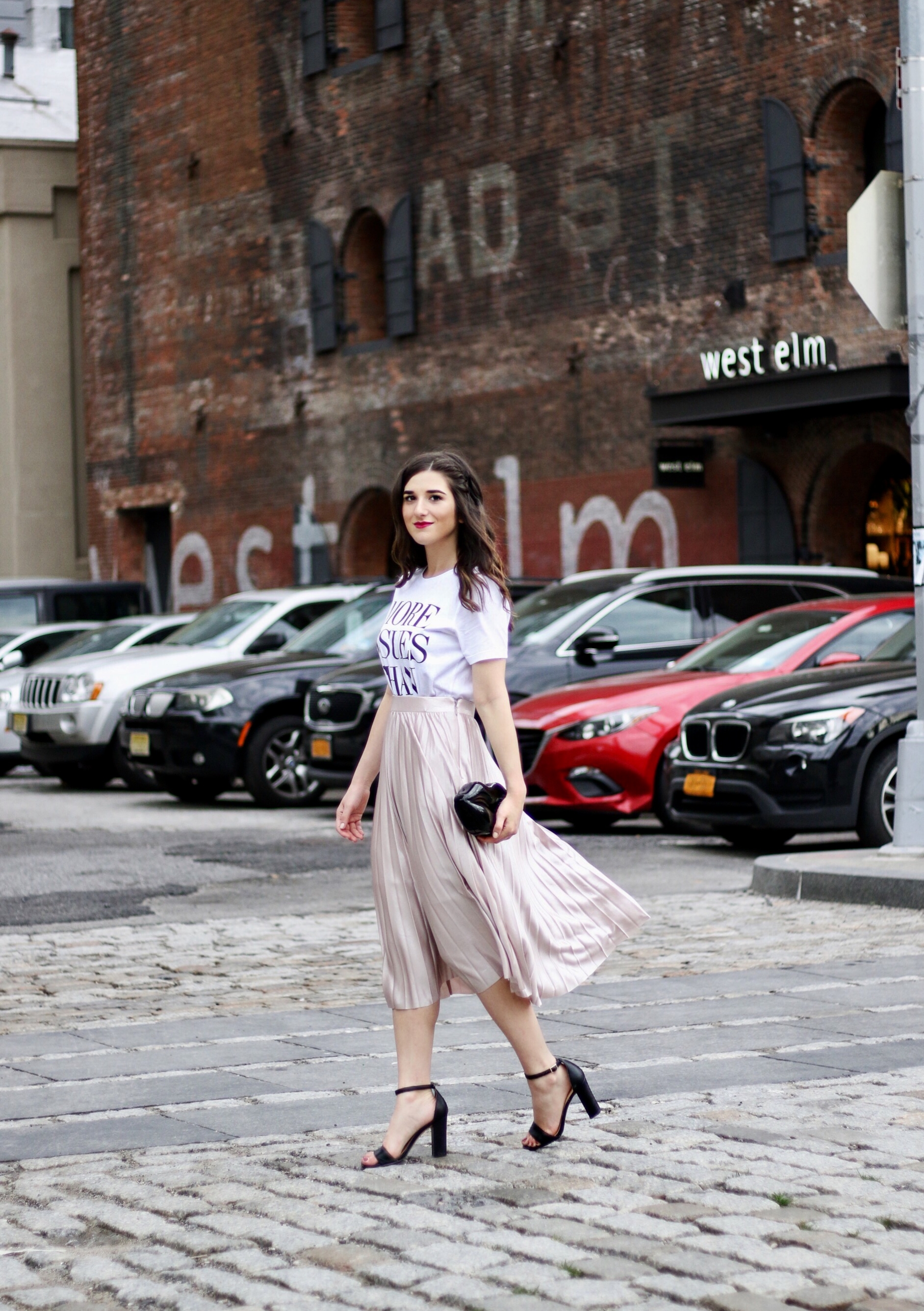 Metallic Midi Skirt + Graphic Tee 5 Mistakes Brands Make When Pitching Influencers Esther Santer Fashion Blog NYC Street Style Blogger Outfit OOTD Trendy Rachel Roy Shopping Girl Women Tshirt  Shoes Heels Ivanka Trump Black Lips Bag Clutch Pretty Cute.JPG