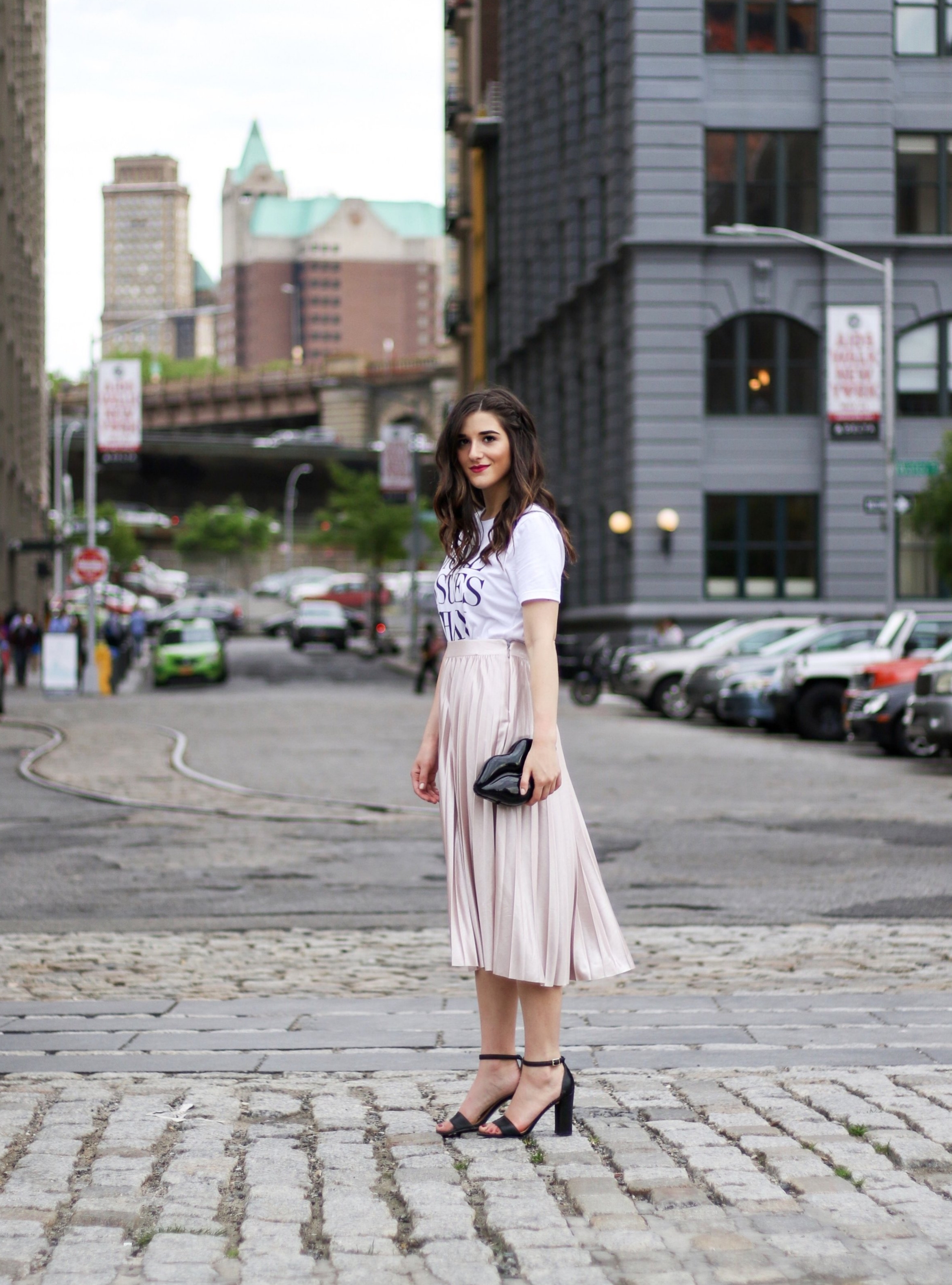 Metallic Midi Skirt + Graphic Tee 5 Mistakes Brands Make When Pitching Influencers Esther Santer Fashion Blog NYC Street Style Blogger Outfit OOTD Trendy Rachel Roy Shopping Girl Women Tshirt Shoes Heels Ivanka Trump Black Lips Bag Clutch Pretty  Cute.JPG