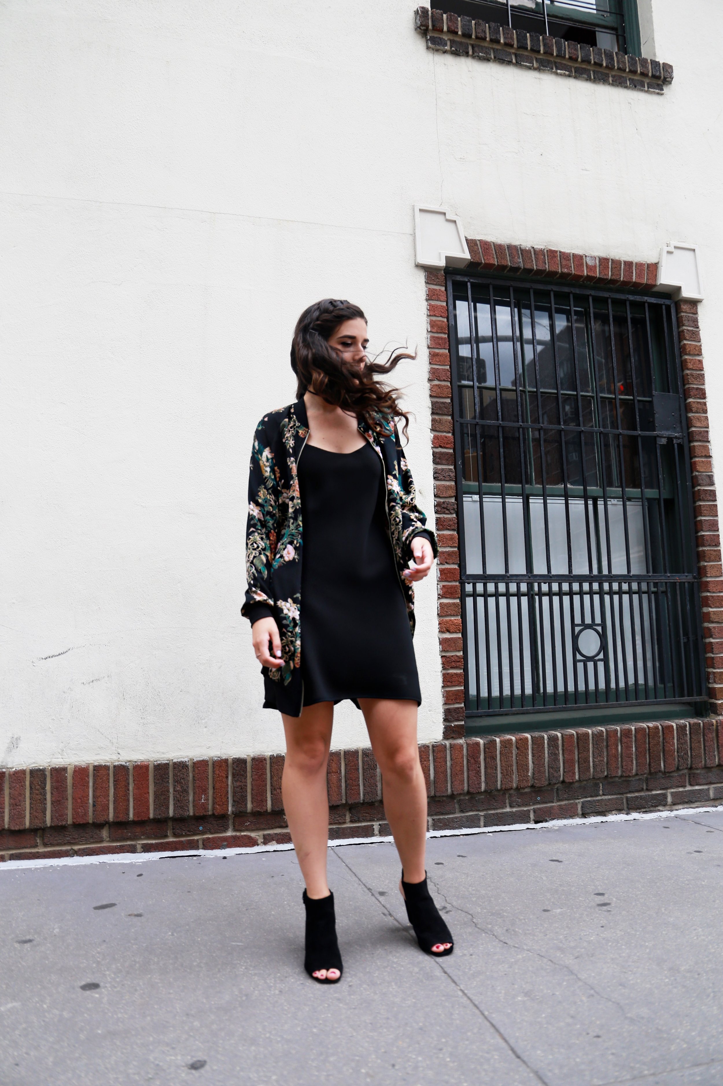 Long Floral Bomber Jacket Scheduling in a line Esther Santer Fashion Blog NYC Street Style Blogger Outfit OOTD Trendy Green Summer Fall Girl Women Black Open Toe Booties Slip Dress Inspiration Shopping Shoes What To Wear Photoshoot Color  West Kei.JPG