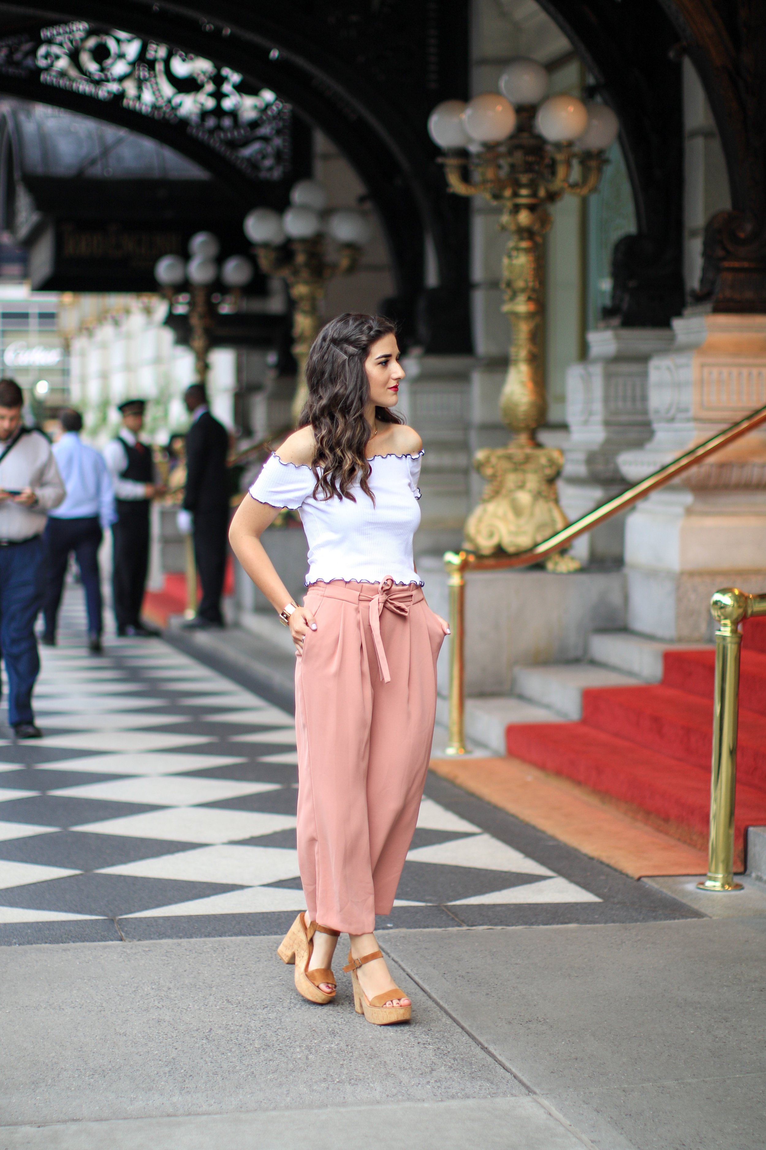 Pink Palazzo Pants + Ruffled Crop Top The Shockingly Hardest Thing About Planning A Wedding Esther Santer Fashion Blog NYC Street Style Blogger Outfit OOTD Trendy Crop Top Ruffles Trousers  Shoes Wedges Dolce Vita Zara Feminine Henri Bendel Jewelry.JPG