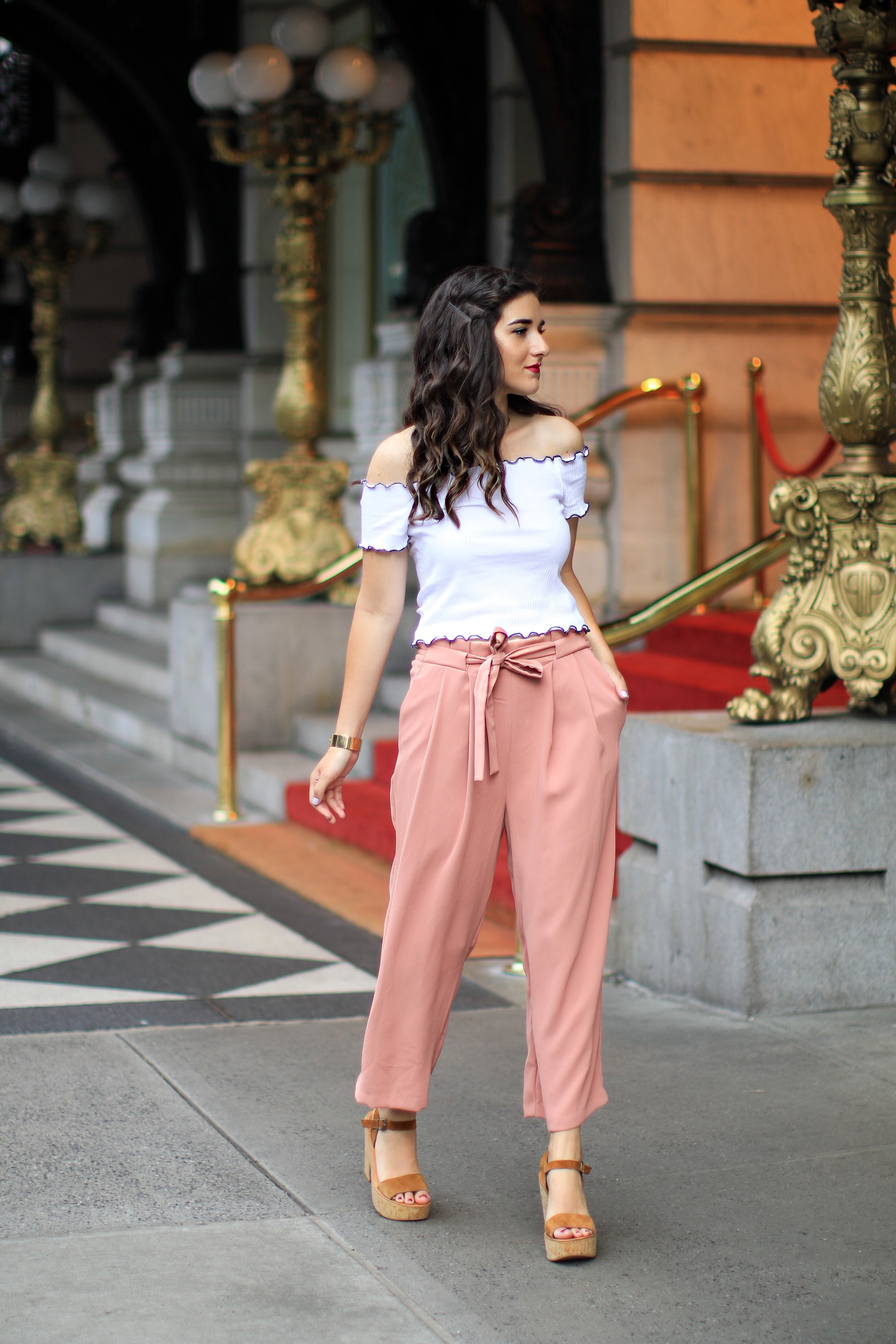 Pink Palazzo Pants + Ruffled Crop Top The Shockingly Hardest Thing About Planning A Wedding Esther Santer Fashion Blog NYC Street Style Blogger Outfit OOTD Trendy Crop Top Ruffles Trousers Shoes Wedges Dolce  Vita Zara Feminine Henri Bendel Jewelry.JPG