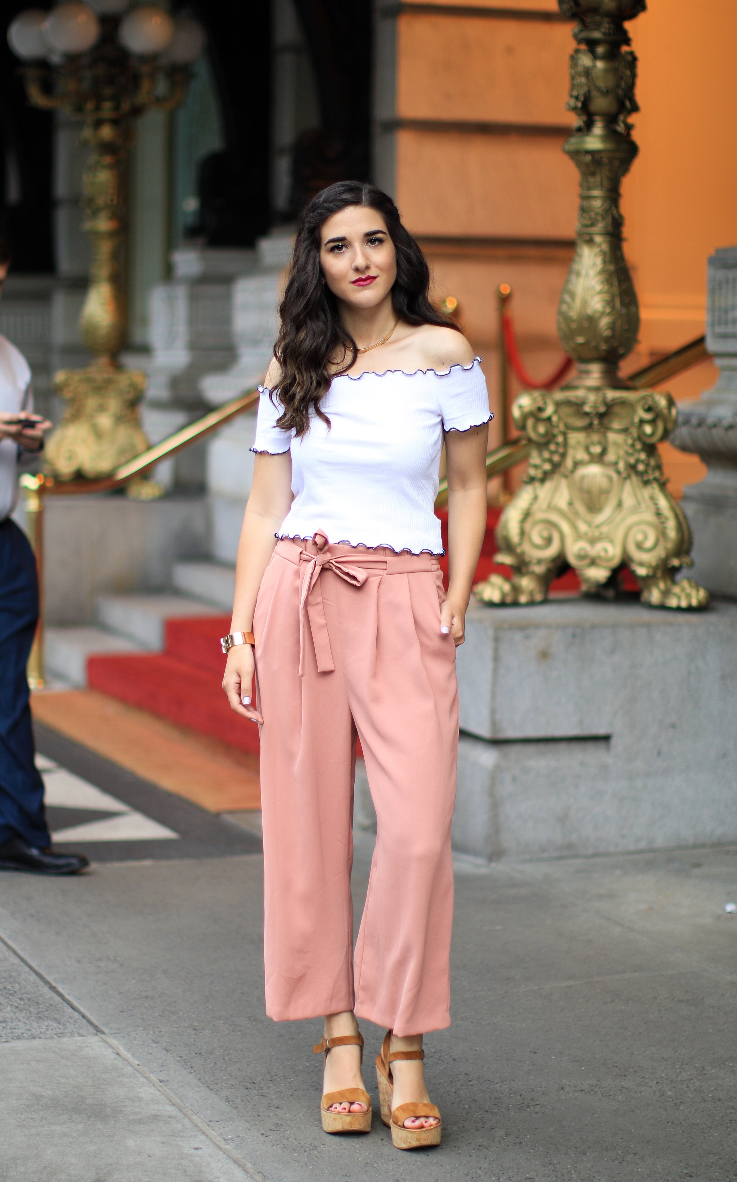 Pink Palazzo Pants + Ruffled Crop Top The Shockingly Hardest Thing About Planning A Wedding Esther Santer Fashion Blog NYC Street Style Blogger Outfit OOTD Trendy Crop Top Ruffles Trousers Shoes Wedges Dolce Vita Zara Feminine Henri Bendel  Jewelry.JPG