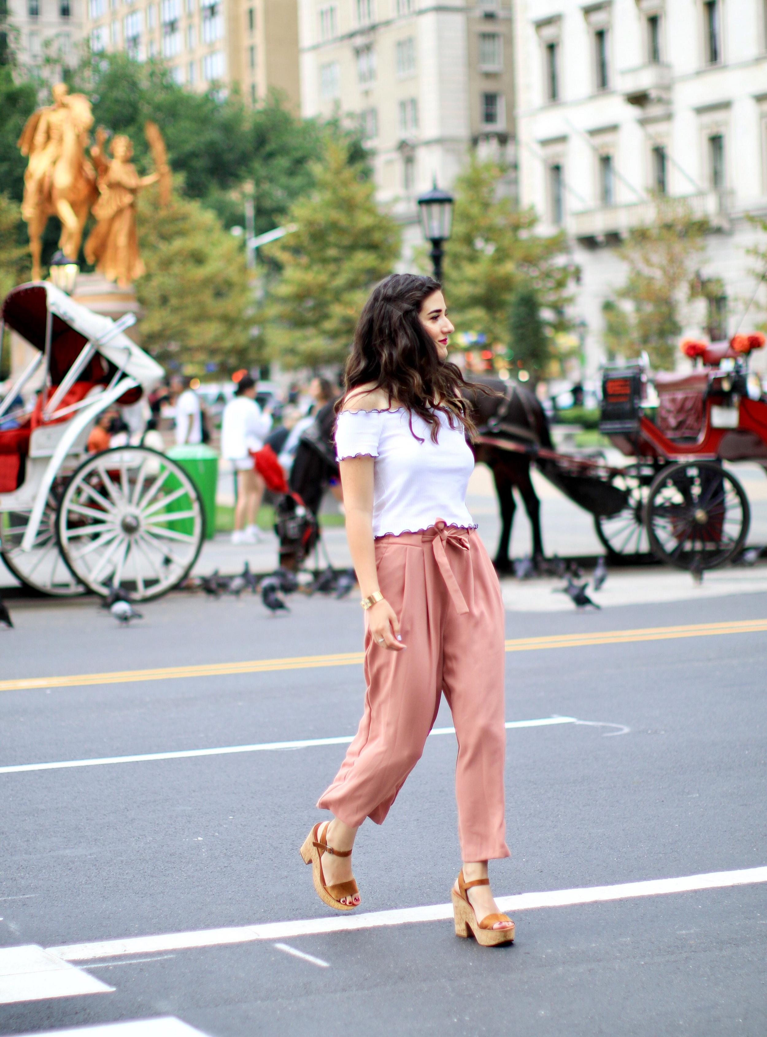 Pink Palazzo Pants + Ruffled Crop Top The Shockingly Hardest Thing About Planning A Wedding Esther Santer Fashion Blog NYC Street Style Blogger Outfit OOTD Trendy Crop Top Ruffles Trousers Shoes Wedges Dolce Vita Zara Feminine Henri  Bendel Jewelry.JPG