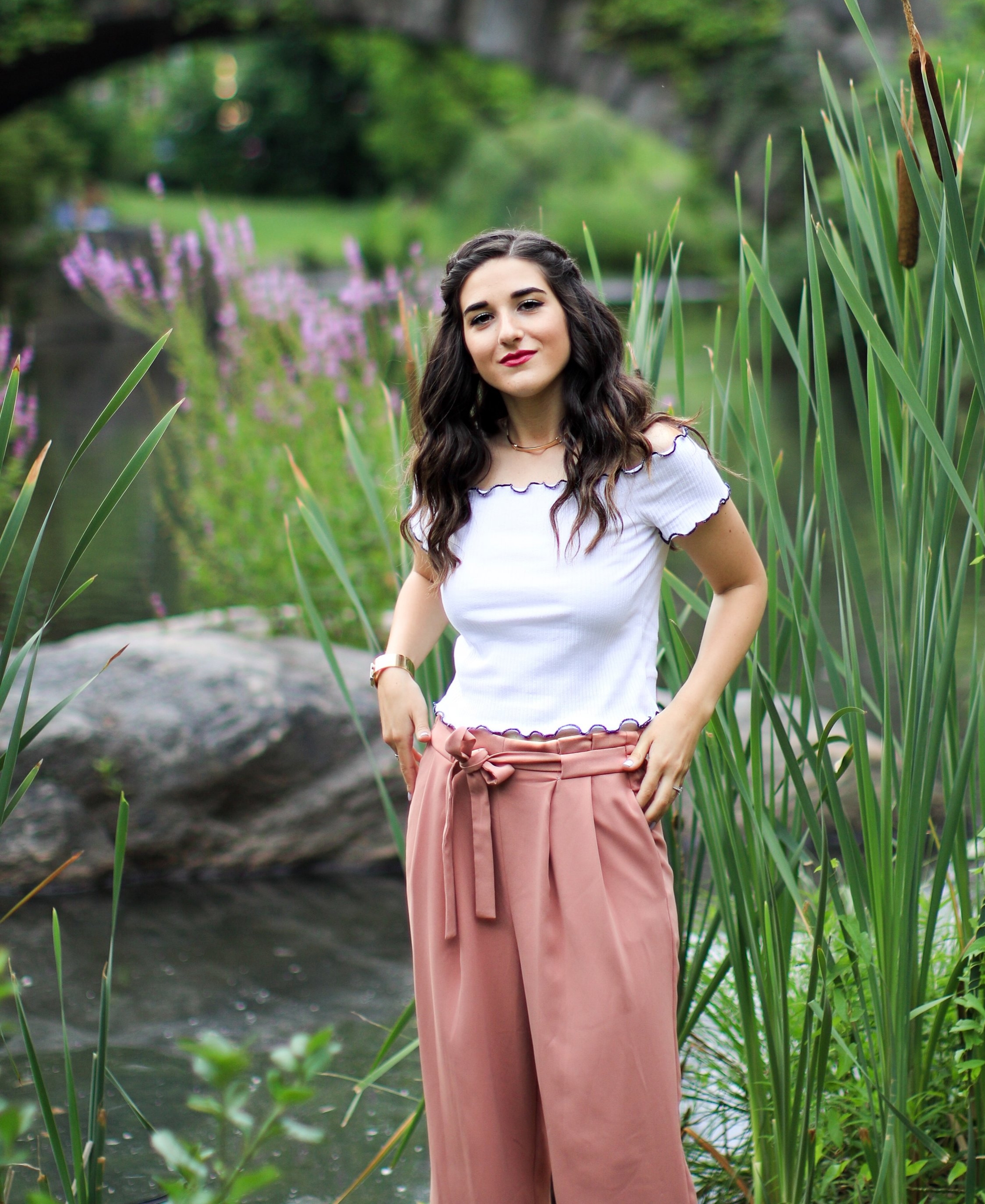 Pink Palazzo Pants + Ruffled Crop Top The Shockingly Hardest Thing About Planning A Wedding Esther Santer Fashion Blog NYC Street Style Blogger Outfit OOTD Trendy Crop Top Ruffles Trousers Shoes Wedges Dolce Vita Zara  Feminine Henri Bendel Jewelry.JPG