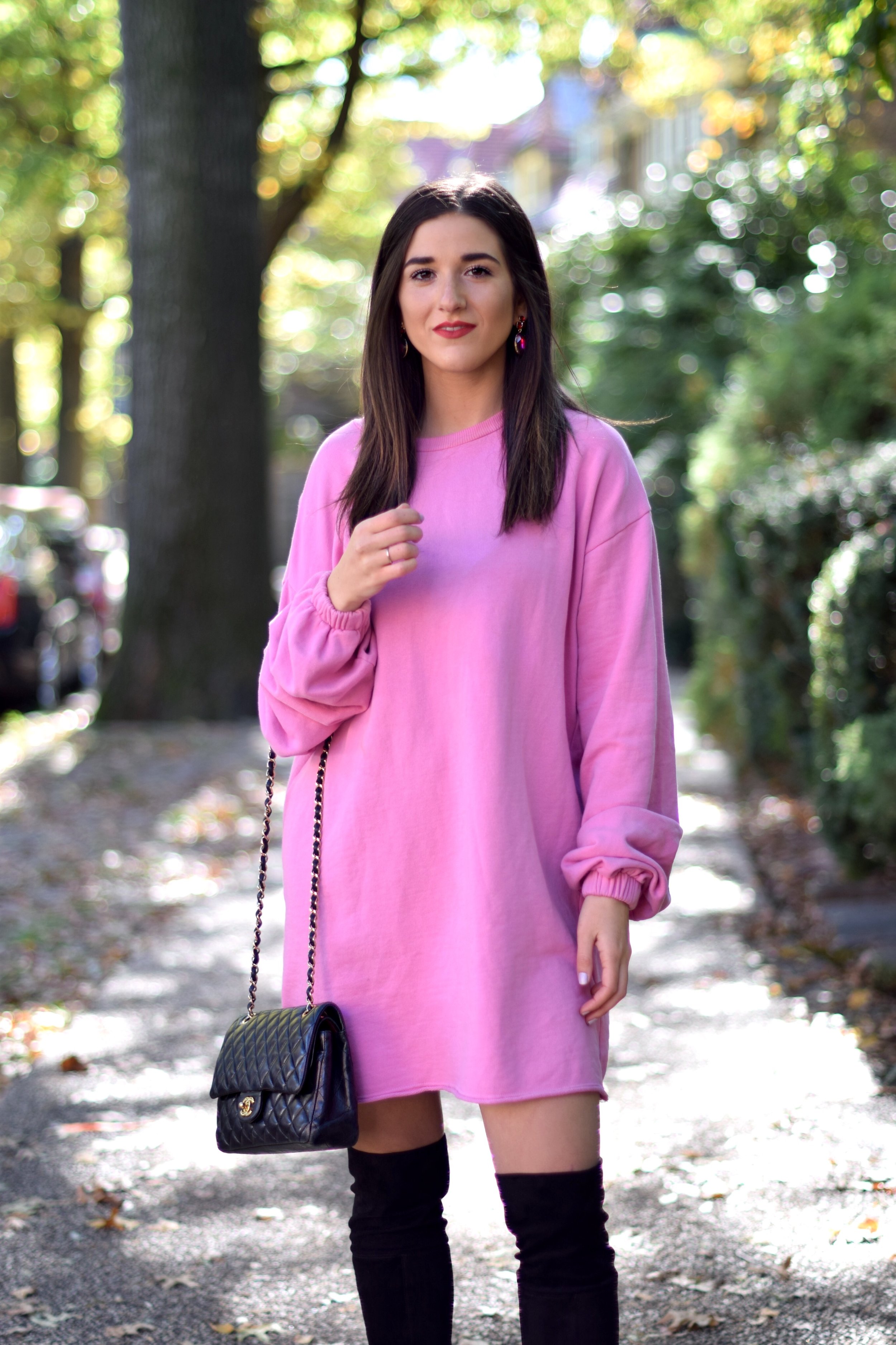 Pink Sweatshirt Dress Black OTK Boots Blogging Before The Days Of Instagram Esther Santer Fashion Blog NYC Street Style Blogger Outfit OOTD Trendy Over The Knee Hair Girl Women New York Chanel Bag Designer ASOS Pretty Shopping Sale Beautiful  Winter.jpg