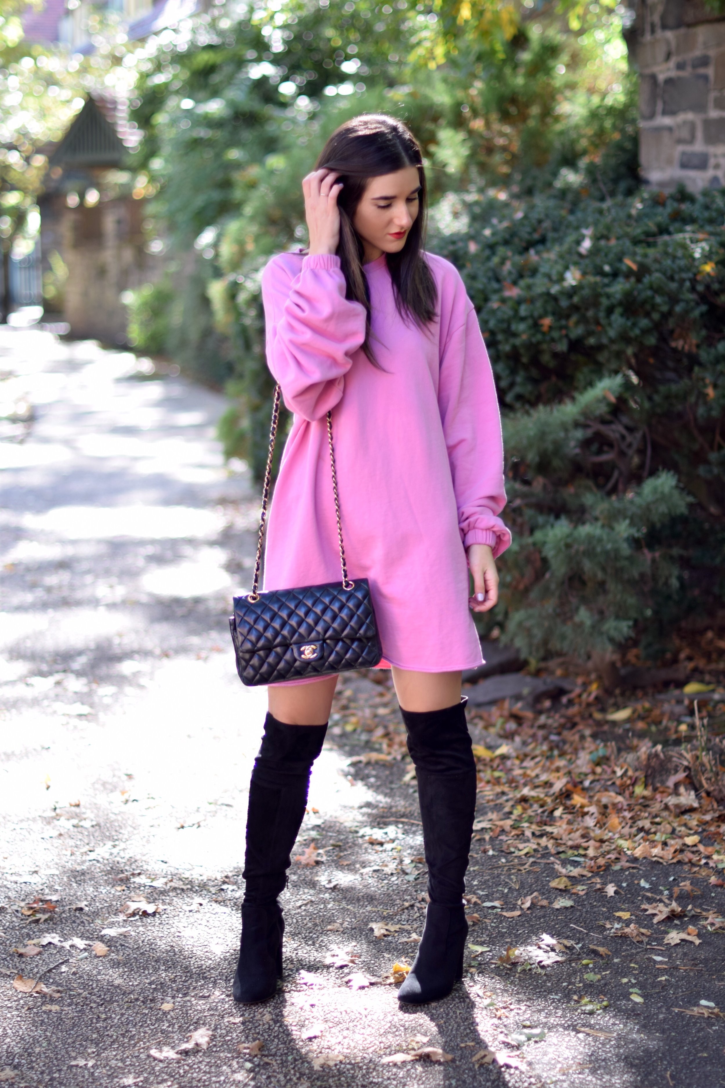 Pink Sweatshirt Dress Black OTK Boots Blogging Before The Days Of Instagram Esther Santer Fashion Blog NYC Street Style Blogger Outfit OOTD Trendy Over The Knee Hair Girl Women New York Chanel Bag Designer ASOS Pretty Shopping  Sale Beautiful Winter.jpg