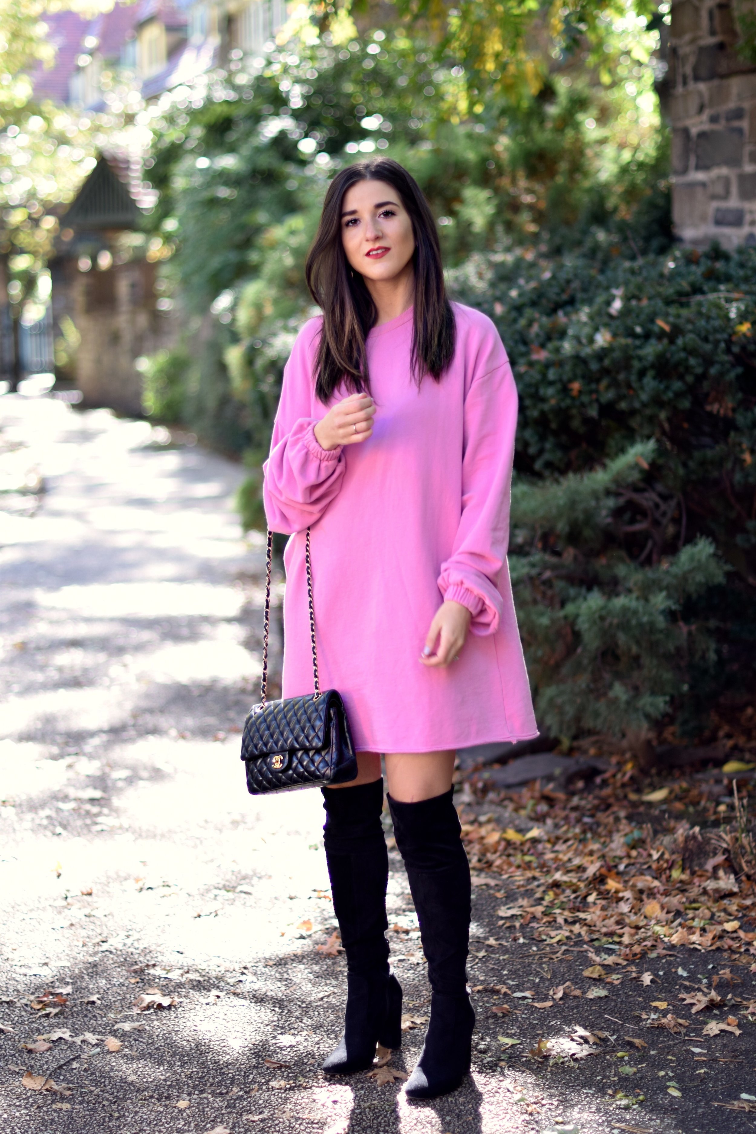 Pink Sweatshirt Dress Black OTK Boots Blogging Before The Days Of Instagram Esther Santer Fashion Blog NYC Street Style Blogger Outfit OOTD Trendy Over The Knee Hair Girl Women New York Chanel Bag  Designer ASOS Pretty Shopping Sale Beautiful Winter.jpg