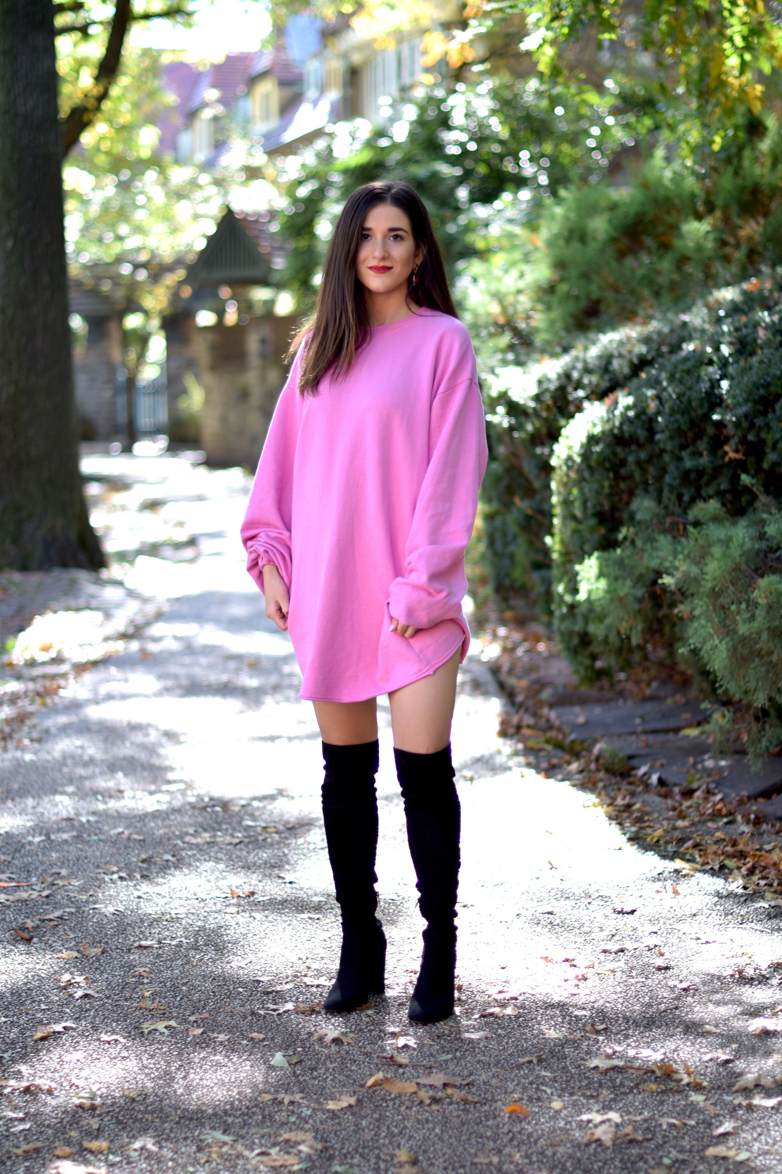 Pink Sweatshirt Dress Black OTK Boots Blogging Before The Days Of Instagram Esther Santer Fashion Blog NYC Street Style Blogger Outfit OOTD Trendy Over The Knee Hair Girl Women  New York Chanel Bag Designer ASOS Pretty Shopping Sale Beautiful Winter.jpg