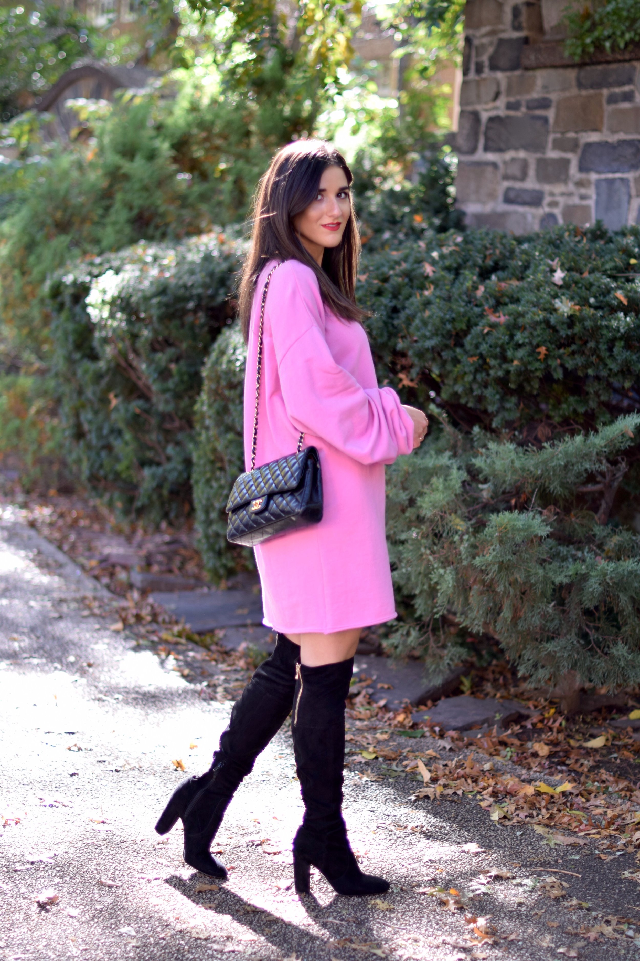 Pink Sweatshirt Dress Black OTK Boots Blogging Before The Days Of Instagram Esther Santer Fashion Blog NYC Street Style Blogger Outfit OOTD Trendy Over The Knee Hair Girl Women New York Chanel Bag Designer ASOS Pretty Shopping Sale Beautiful Winter.jpg
