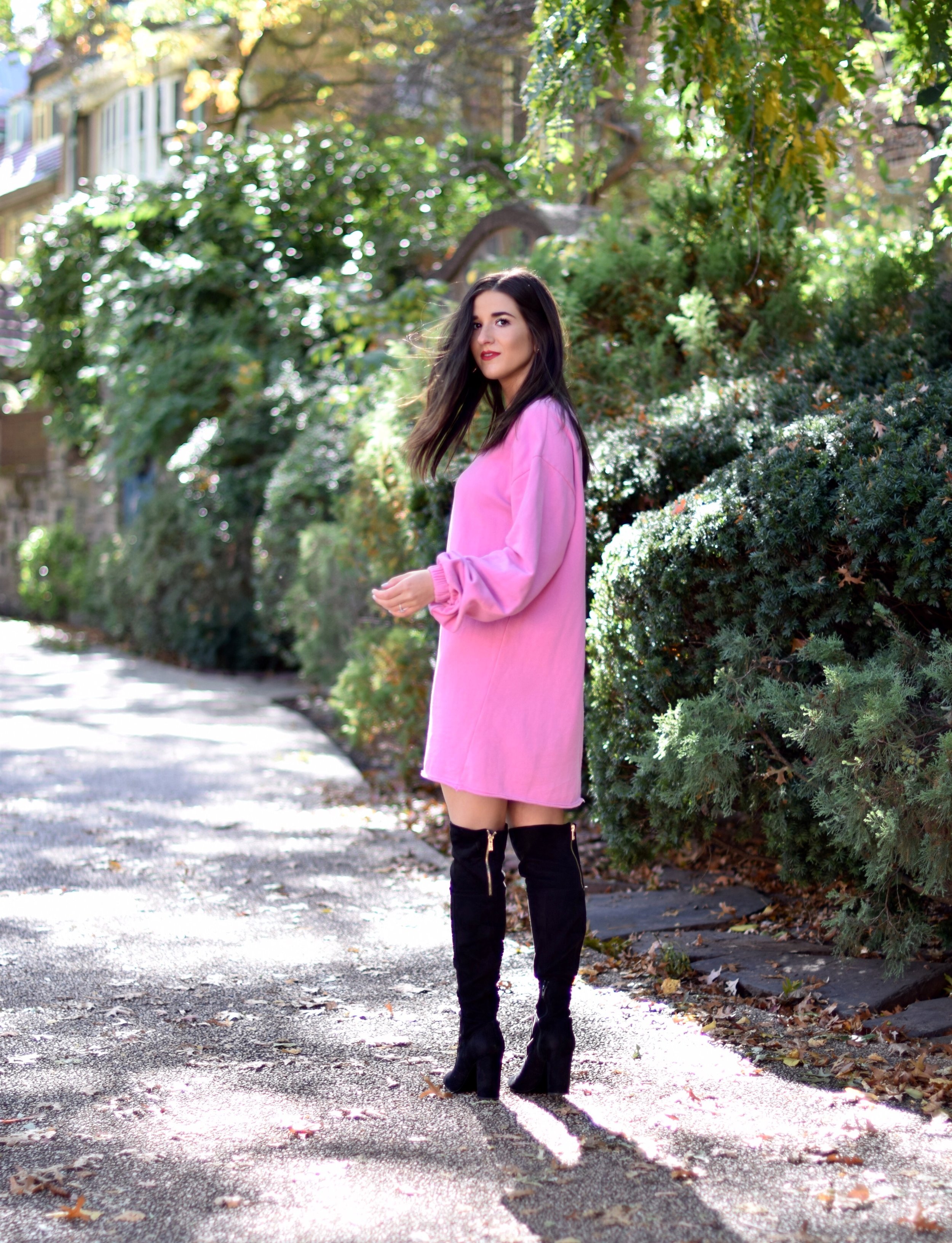 Pink Sweatshirt Dress Black OTK Boots Blogging Before The Days Of Instagram Esther Santer Fashion Blog NYC Street Style Blogger Outfit OOTD Trendy Over The Knee Hair Girl Women New York Chanel Bag Designer  ASOS Pretty Shopping Sale Beautiful Winter.jpg