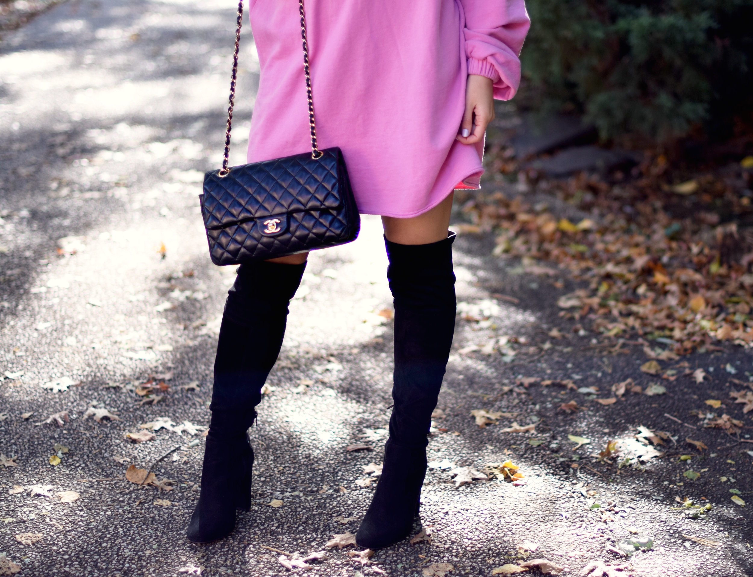 Pink Sweatshirt Dress Black OTK Boots Blogging Before The Days Of Instagram Esther Santer Fashion Blog NYC Street Style Blogger Outfit OOTD Trendy Over The Knee Hair Girl Women New York Chanel Bag  Designer ASOS  Pretty Shopping Sale Beautiful Winter.jpg