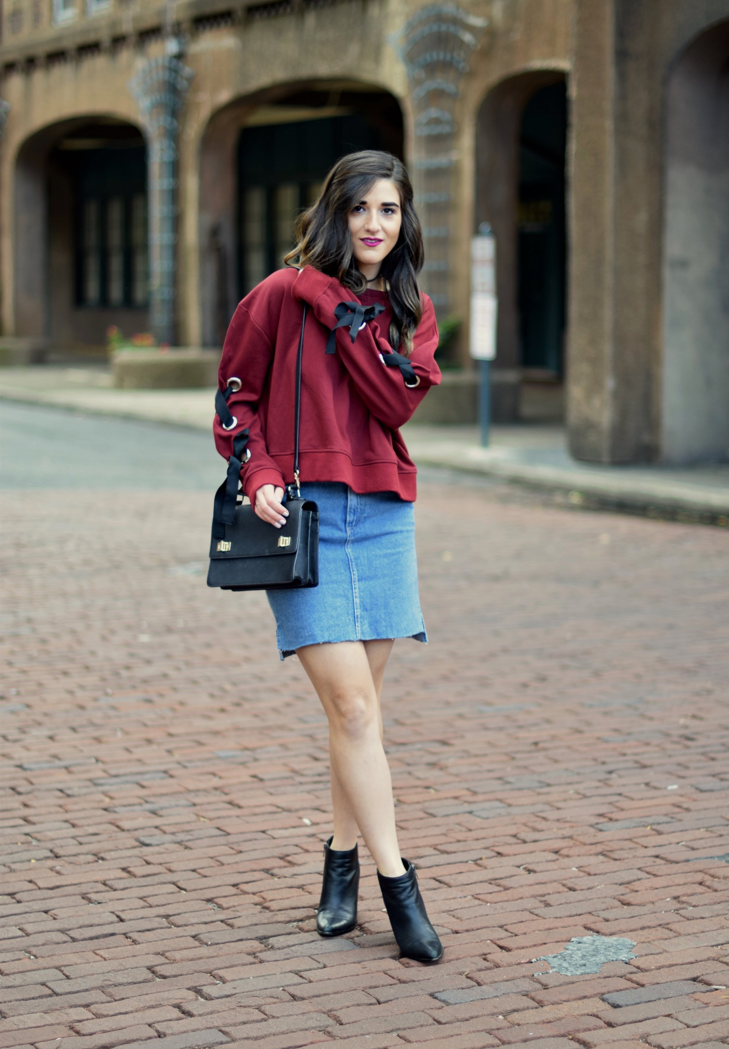 Red Lace-Up Sleeve Sweatshirt Denim Skirt 10 Things I'm Thankful For This Year Esther Santer Fashion Blog NYC Street Style Blogger Outfit OOTD Trendy Girl Women Choker Black Booties Hair Brunette Henri  Bendel West 57th Schoolbag Winter Look Fall Shop.jpg