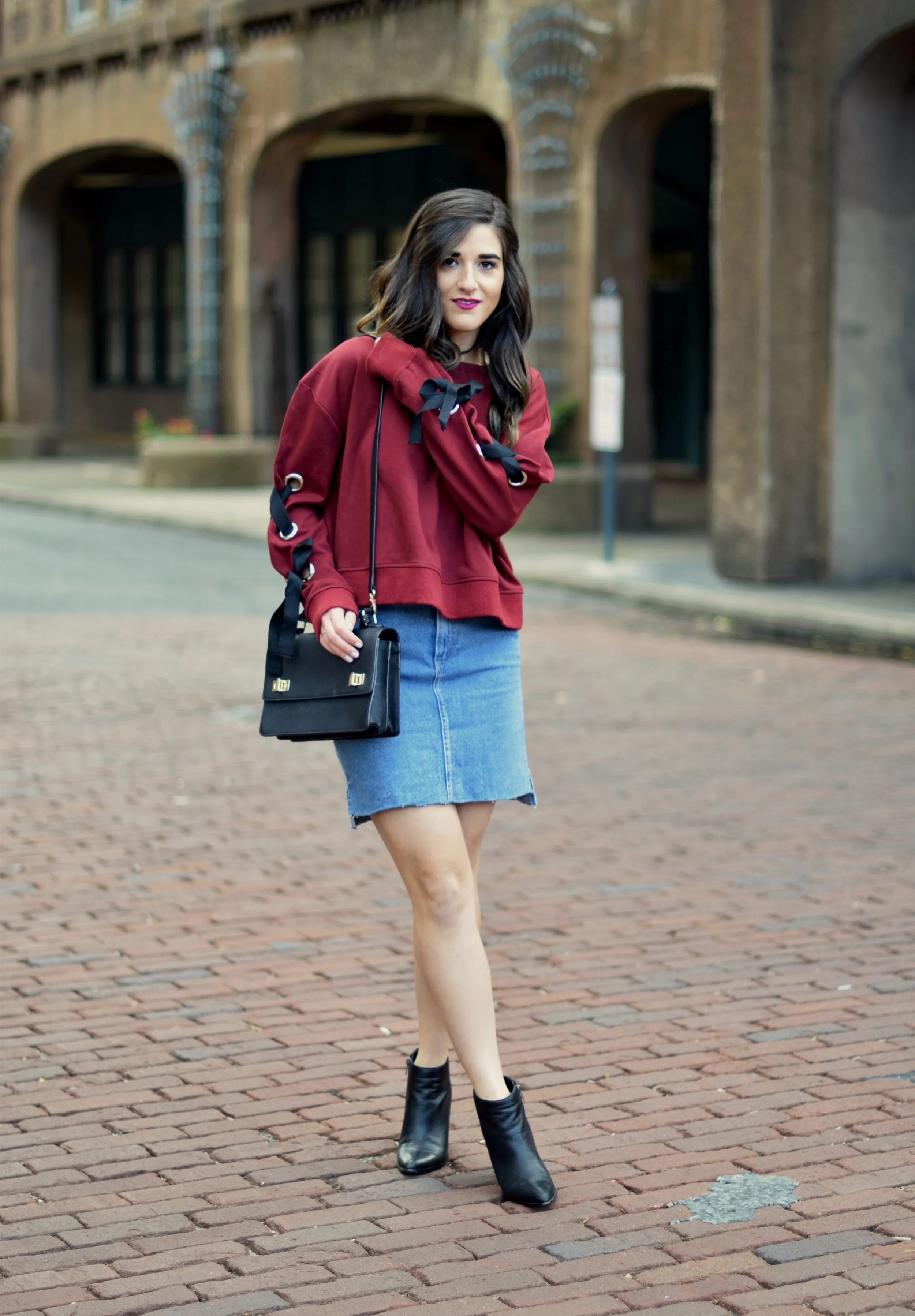 Red Lace Up Sleeve Sweatshirt Denim Skirt 10 Things I M