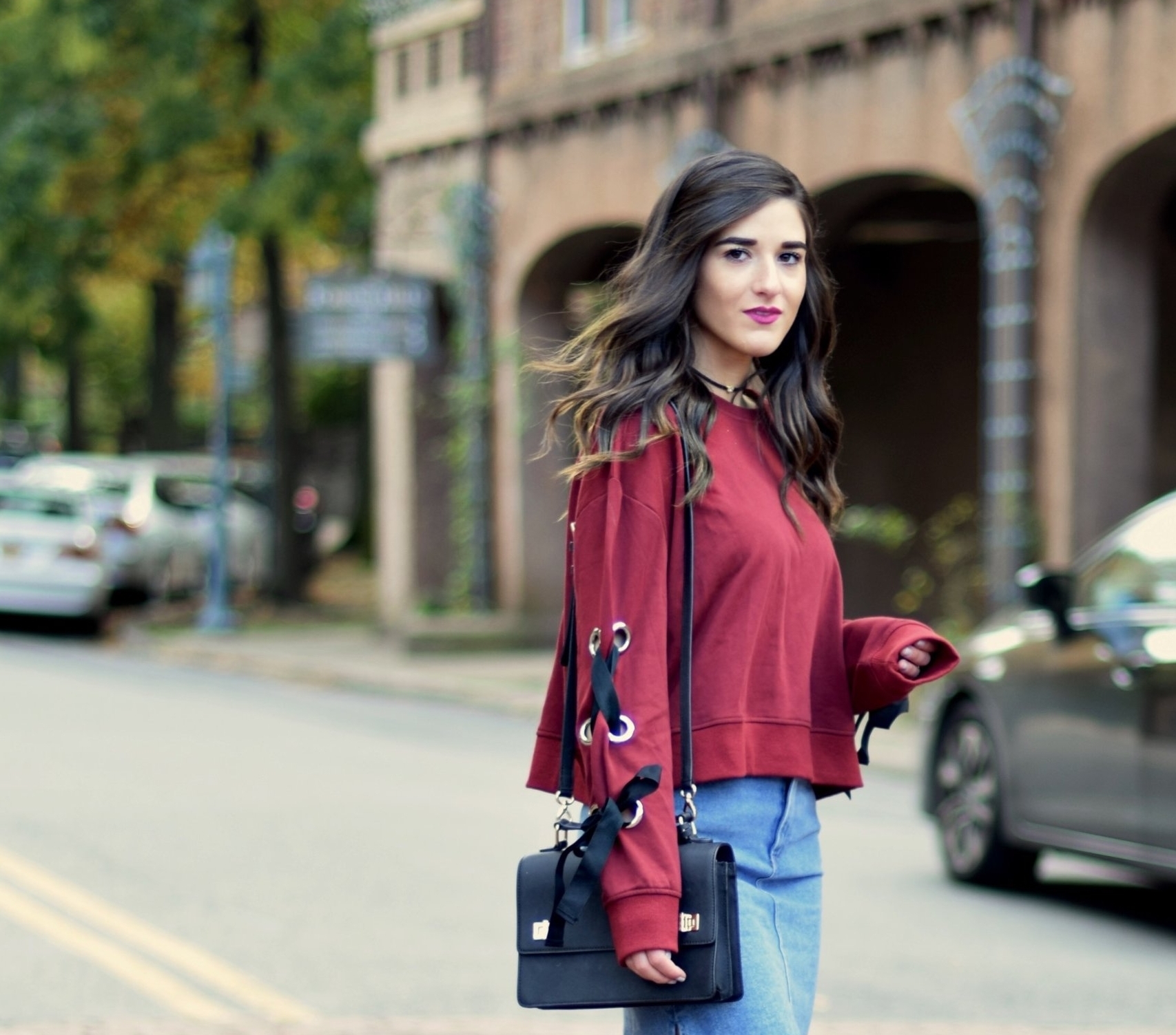 Red Lace-Up Sleeve Sweatshirt Denim Skirt 10 Things I'm Thankful For This Year Esther Santer Fashion Blog NYC Street Style Blogger Outfit OOTD Trendy Girl Women Choker Black Booties Hair Brunette Henri Bendel West 57th Schoolbag Winter Look Fall Shop.jpg
