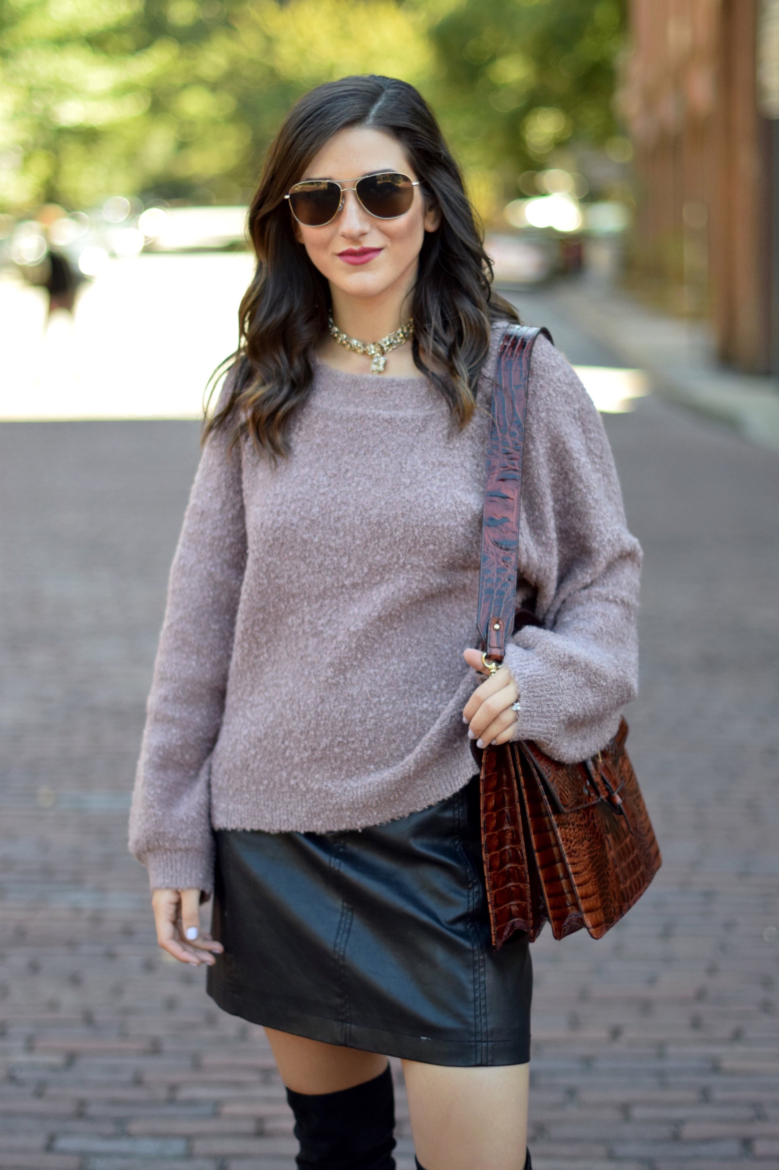 Purple Sweater Black Leather Skirt 8 Tips On Switching Your Blog Name Esther Santer Fashion Blog NYC Street Style Blogger Outfit OOTD Trendy Sunglasses Brahmin Bag Kendra Scott Choker Necklace Girl  Women Urban Outfitters Winter Look Sale Shopping.jpg