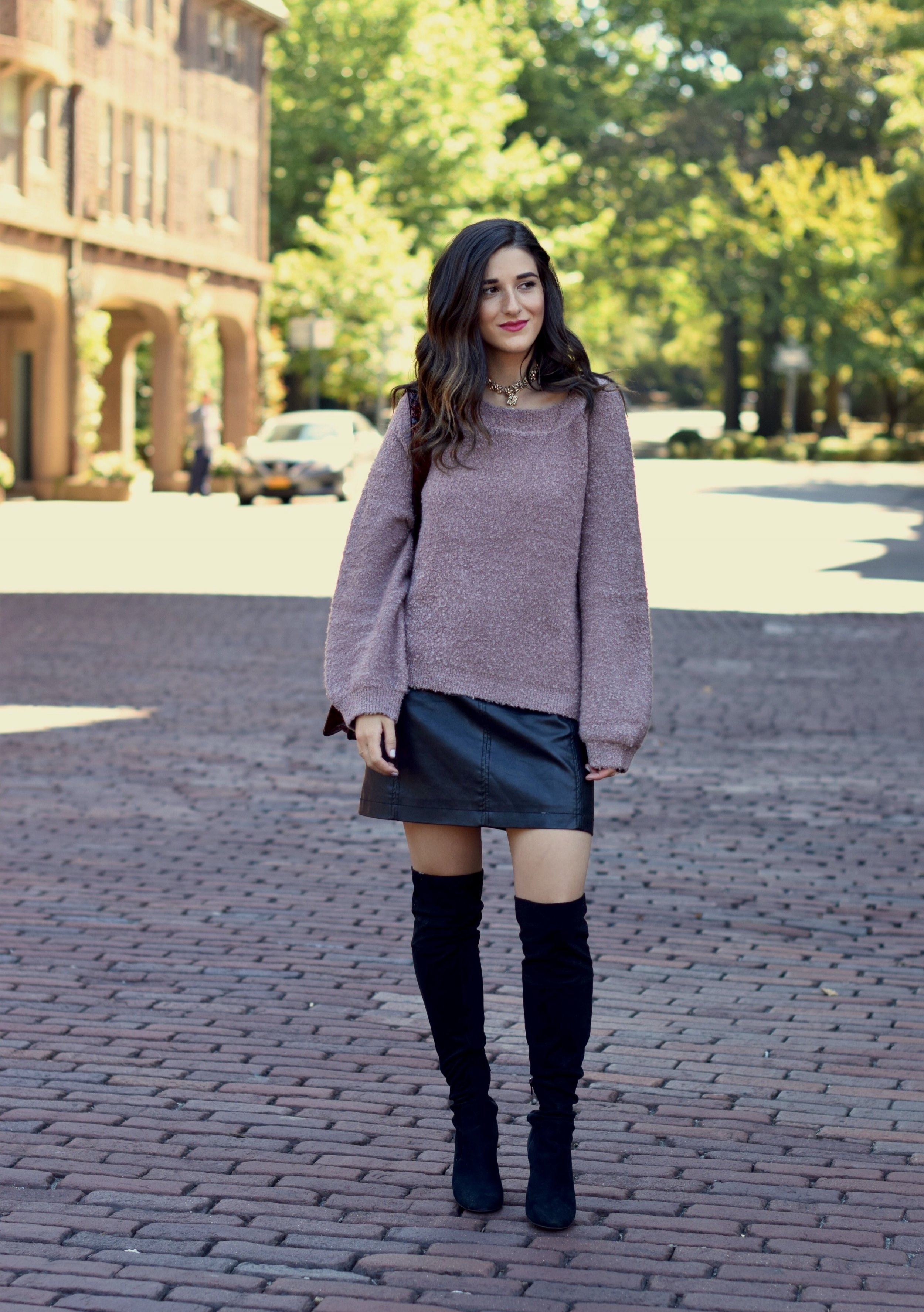 Purple Sweater Black Leather Skirt 8 Tips On Switching Your Blog Name Esther Santer Fashion Blog NYC Street Style Blogger Outfit OOTD Trendy Sunglasses Brahmin Bag Kendra Scott Choker Necklace Girl Women Urban Outfitters  Winter Look Sale Shopping.jpg