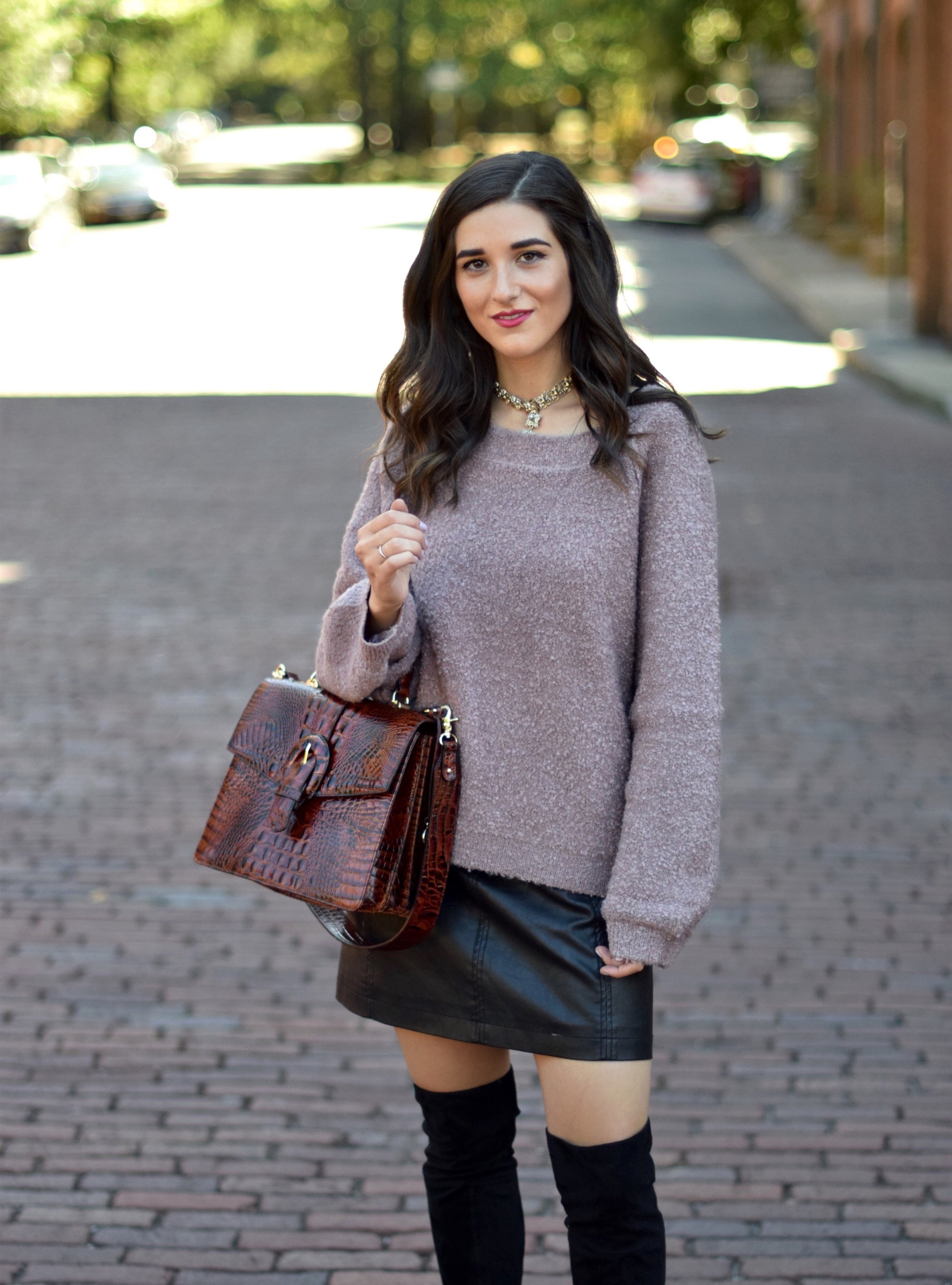 Purple Sweater Black Leather Skirt 8 Tips On Switching Your Blog Name Esther Santer Fashion Blog NYC Street Style Blogger Outfit OOTD Trendy Sunglasses Brahmin Bag Kendra Scott Choker Necklace Girl Women  Urban Outfitters Winter  Look Sale Shopping.jpg