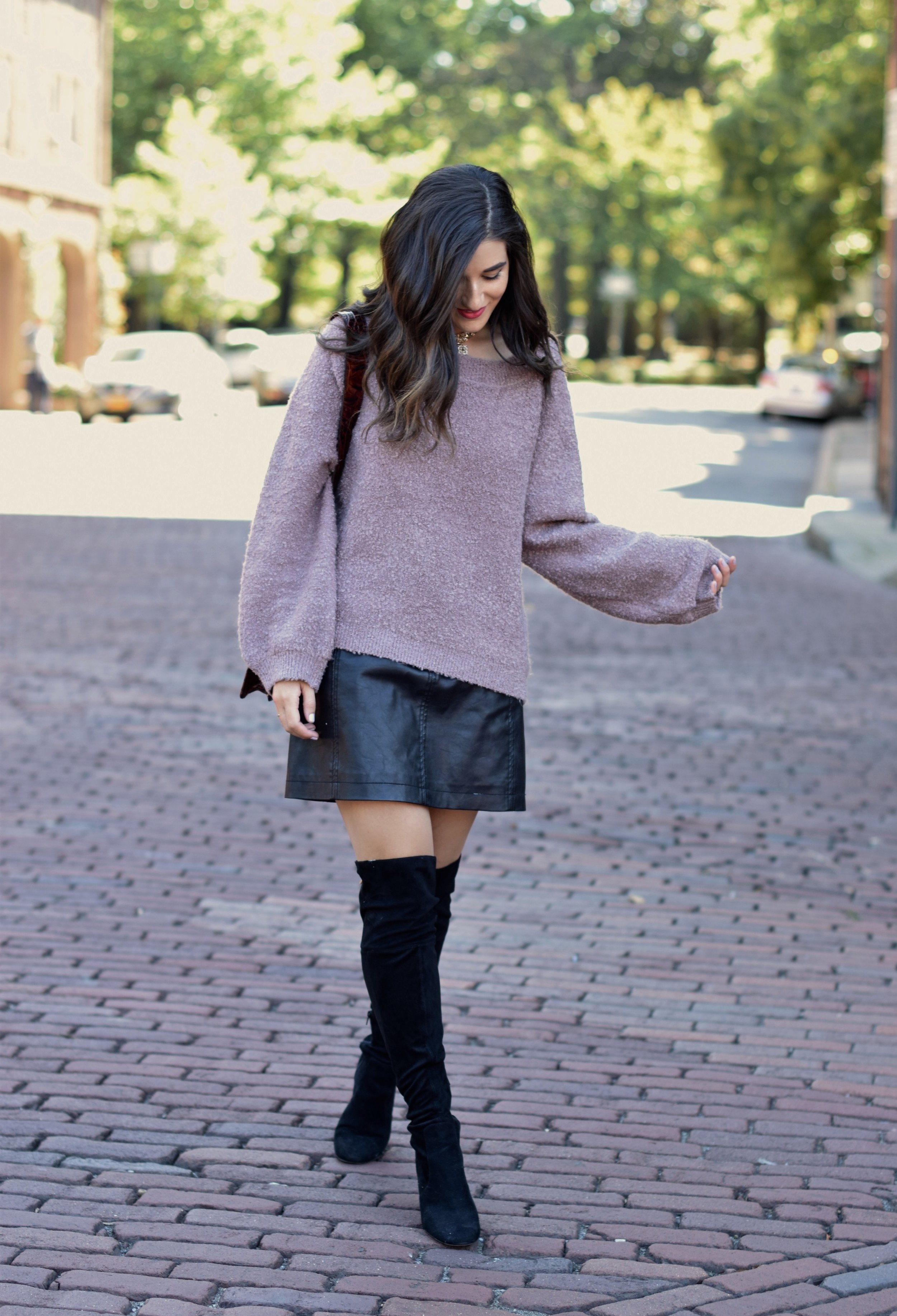 Purple Sweater Black Leather Skirt 8 Tips On Switching Your Blog Name Esther Santer Fashion Blog NYC Street Style Blogger Outfit OOTD Trendy Sunglasses Brahmin Bag Kendra Scott Choker Necklace Girl Women Urban Outfitters Winter Look Sale  Shopping.jpg