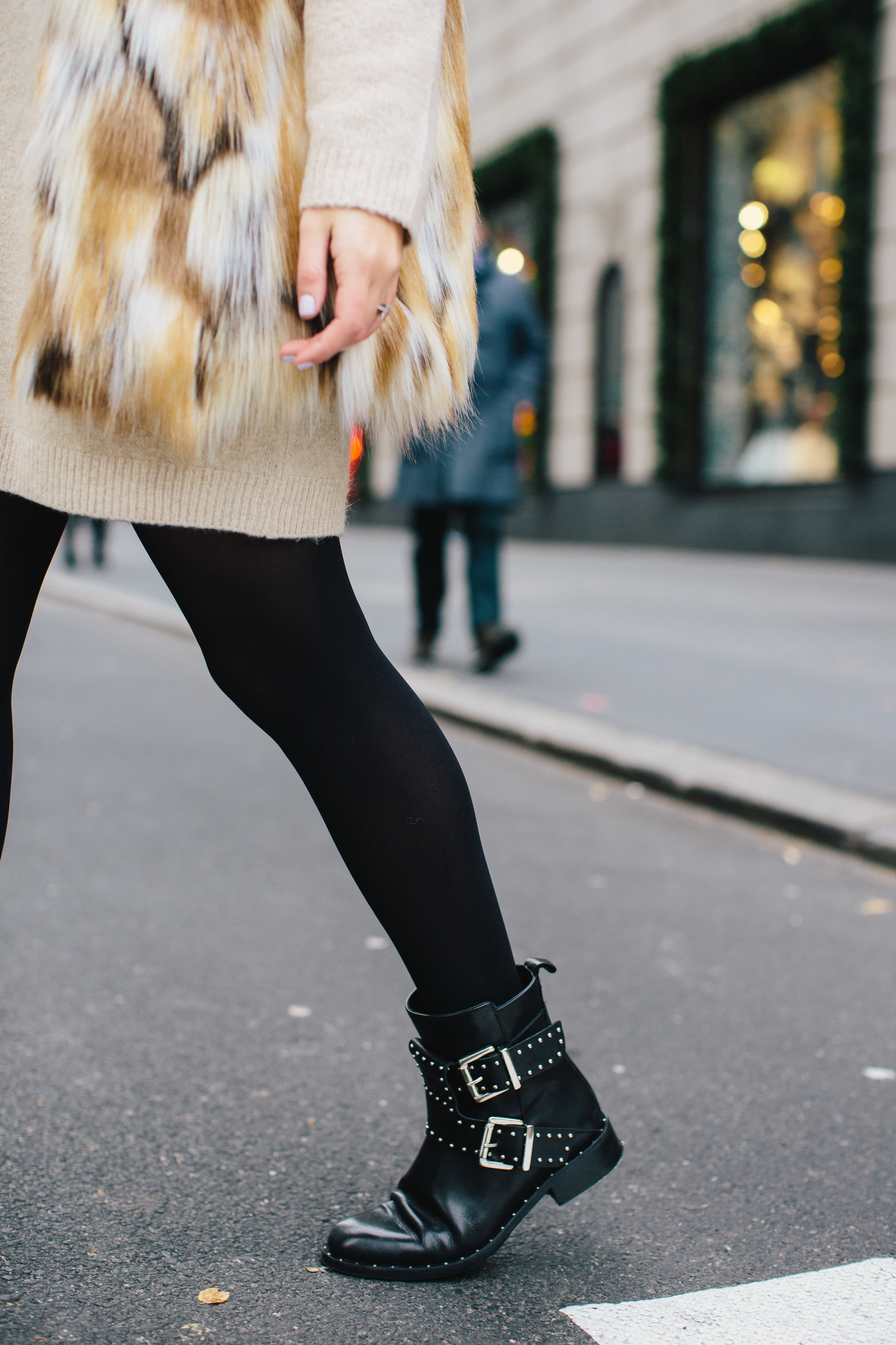 Calico Fur Vest Black Buckle Booties 5 Bad Habits To Ditch In The New Year Esther Santer Fashion Blog NYC Street Style Blogger Outfit OOTD Trendy DSW Shoes Women Girl Holiday Season Window Shopping New York City  Tights Beige Sweater Dress Winter Cozy.JPG