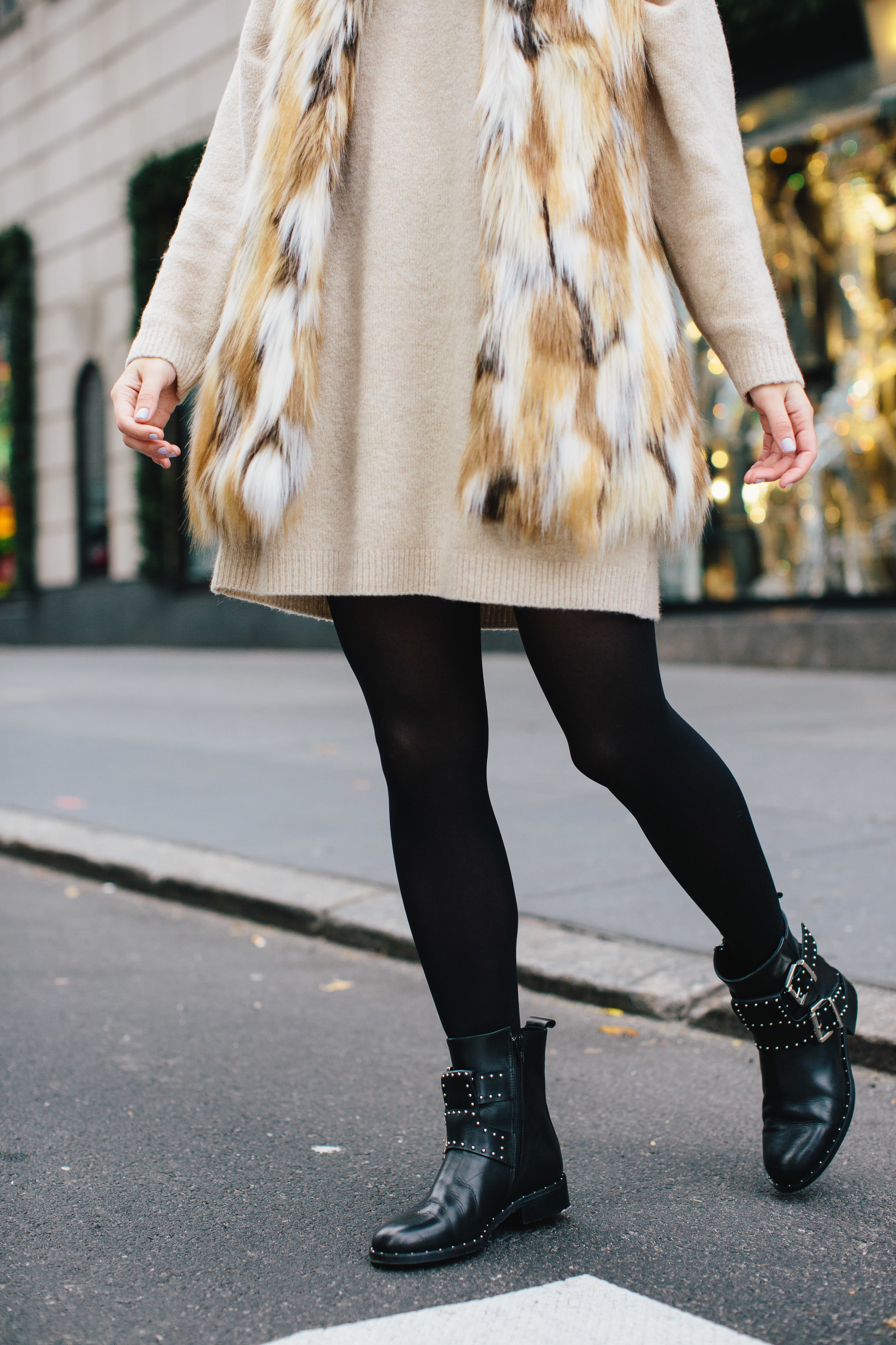 Calico Fur Vest Black Buckle Booties 5 Bad Habits To Ditch In The New Year Esther Santer Fashion Blog NYC Street Style Blogger Outfit OOTD Trendy DSW Shoes Women Girl Holiday Season Window Shopping New York City Tights Beige Sweater Dress  Winter Cozy.JPG