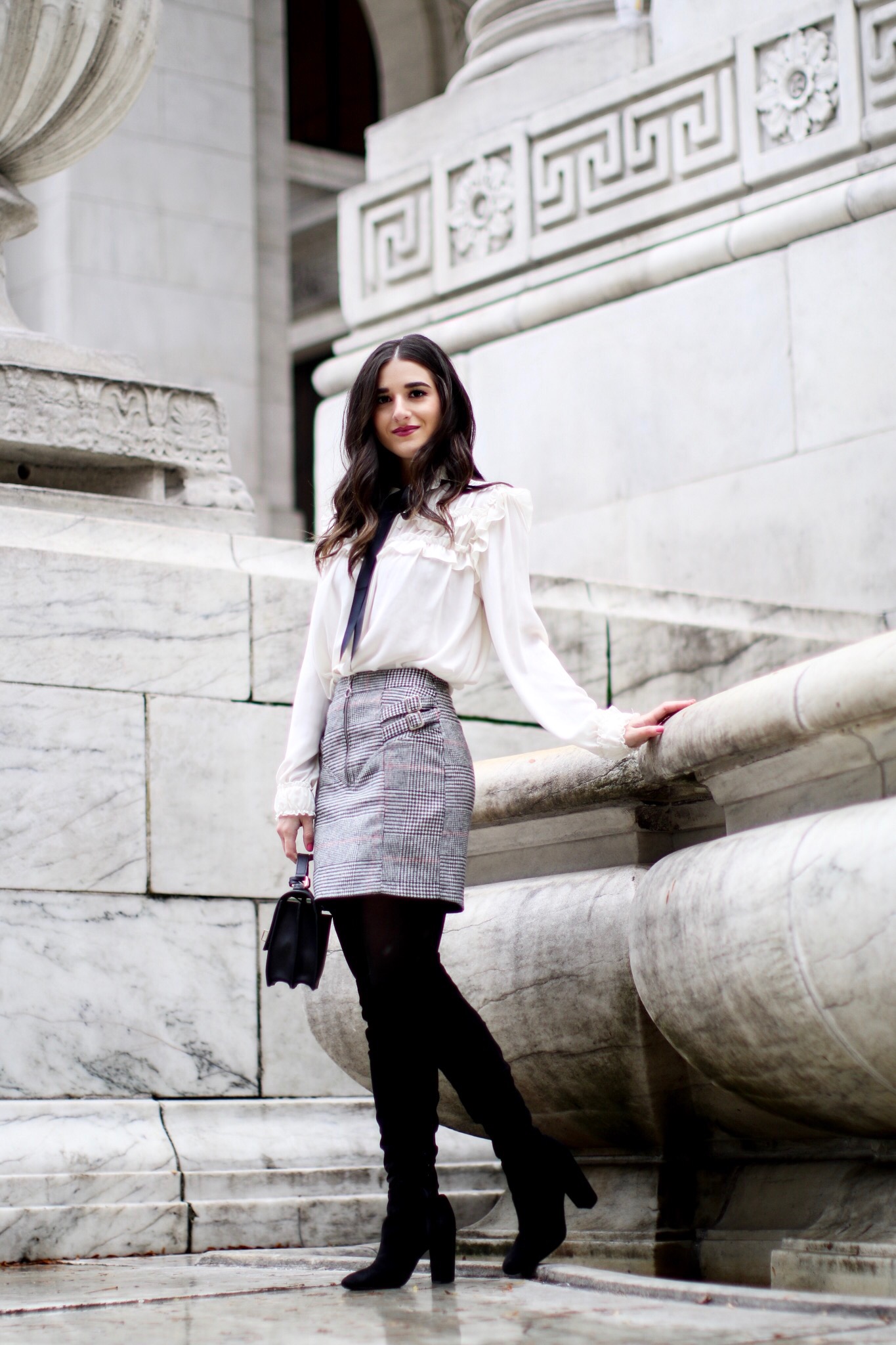 White Bow Blouse Grey Plaid Skirt 5 Tips To Meet Your Deadlines Esther Santer Fashion Blog NYC Street Style Blogger Outfit OOTD Trendy Black Bow Over The Knee Boots Girl Women Sophisticated Classy Feminine Shoes Henri Bendel  West 57th Schoolbag Shop.JPG