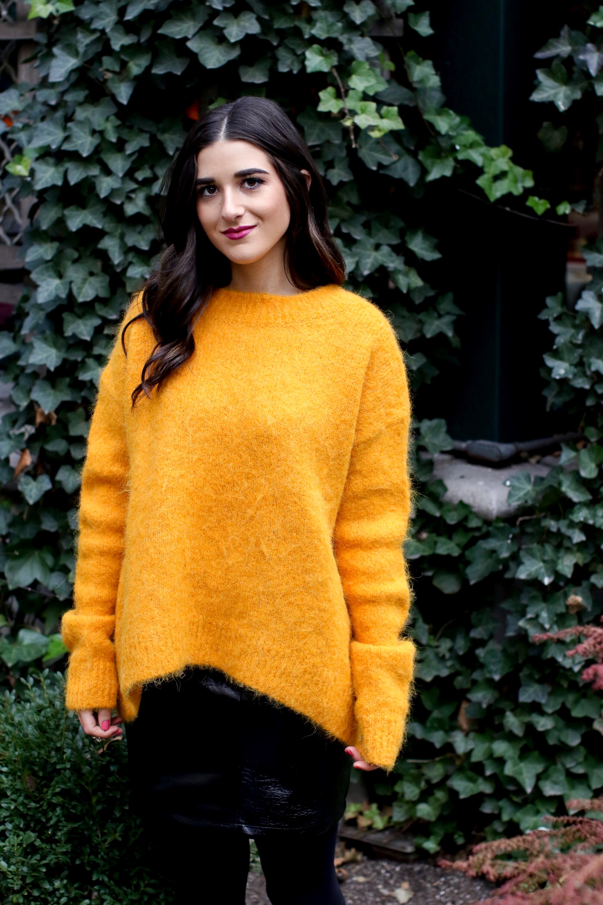 Yellow Sweater Pleather Skirt Why You Should Think Before You Unfollow Esther Santer Fashion Blog  NYC Street Style Blogger Outfit OOTD Trendy Cozy Winter Look Girl Women Oversized Top New York City Instagram Tips DSW Studded Boots H&M Topshop Details.jpg