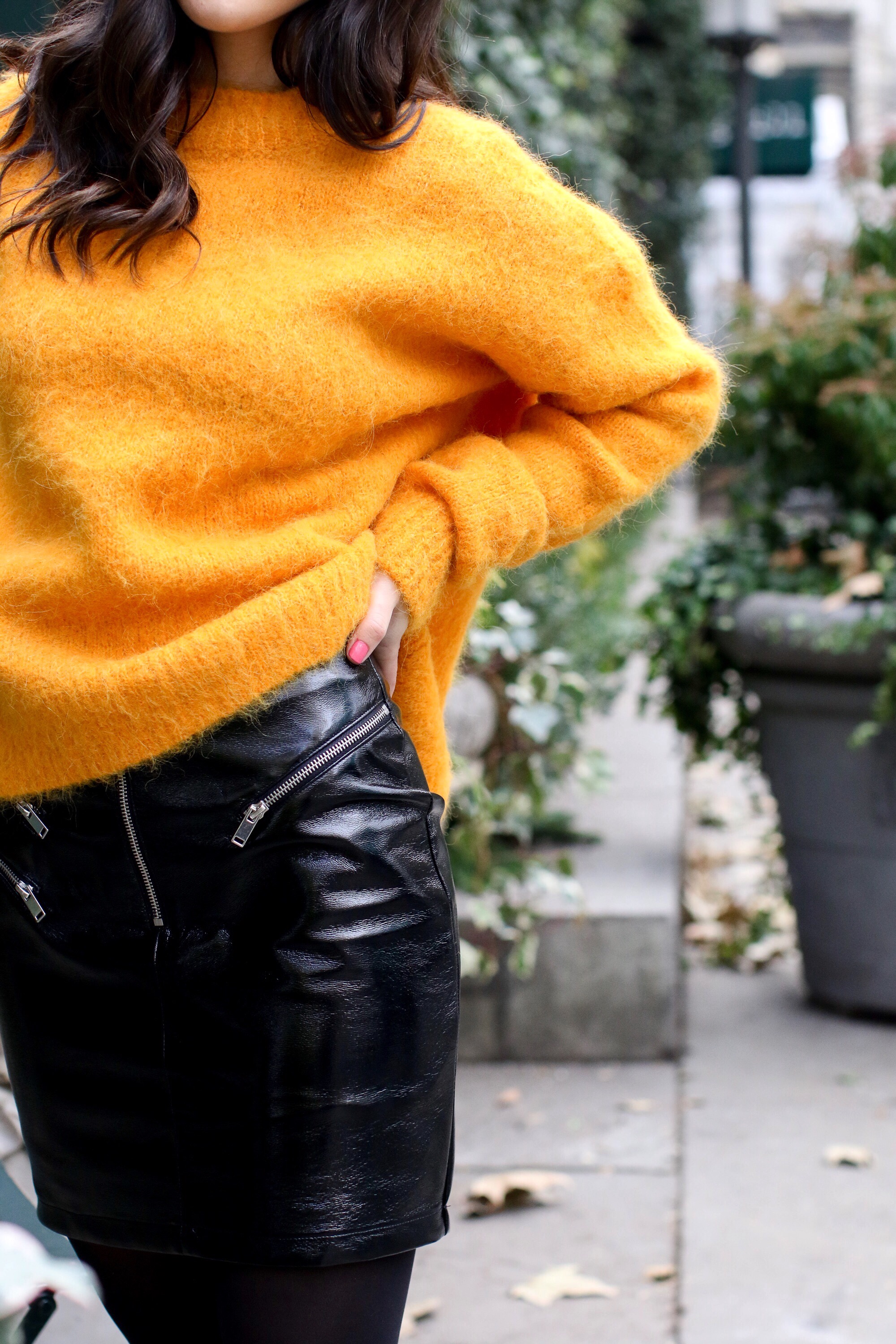 Yellow Sweater Pleather Skirt Why You Should Think Before You Unfollow Esther Santer Fashion Blog NYC Street Style Blogger Outfit OOTD Trendy Cozy Winter Look Girl Women Oversized Top New York City Instagram  Tips DSW Studded Boots H&M Topshop Details.jpg