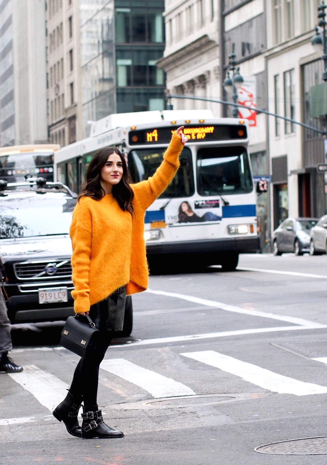 Yellow Sweater Pleather Skirt Why You Should Think Before You Unfollow Esther Santer Fashion Blog NYC Street Style Blogger Outfit OOTD Trendy Cozy Winter Look Girl Women Oversized Top New York City Instagram Tips DSW Studded Boots H&M Topshop  Details.jpg