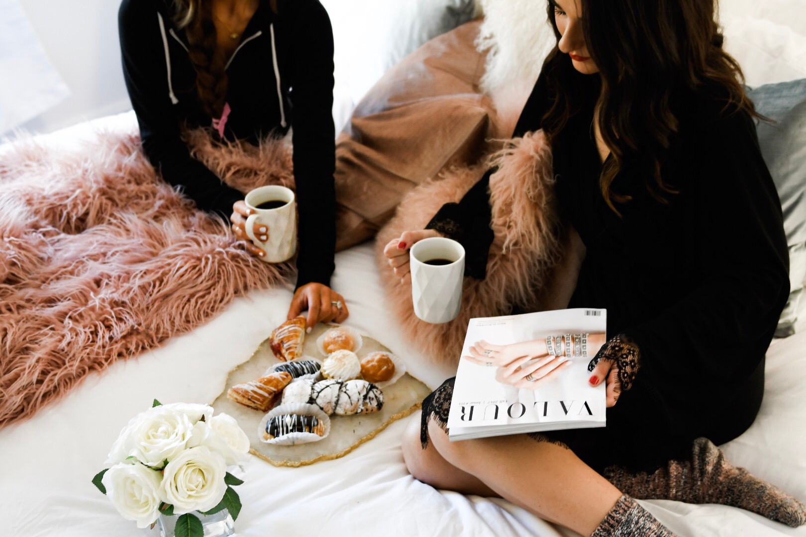 Girls' Night In With Valour Magazine Esther Santer Fashion Blog NYC Street Style Blogger Outfit OOTD Trendy Eishes Style Cozy Blanket Throw Pillows Flowers Desserts Pastries Black Robes Pink Fur Fuzzy Slippers Jcrew Adore Me Socks Mugs  Coffee  Women.jpg