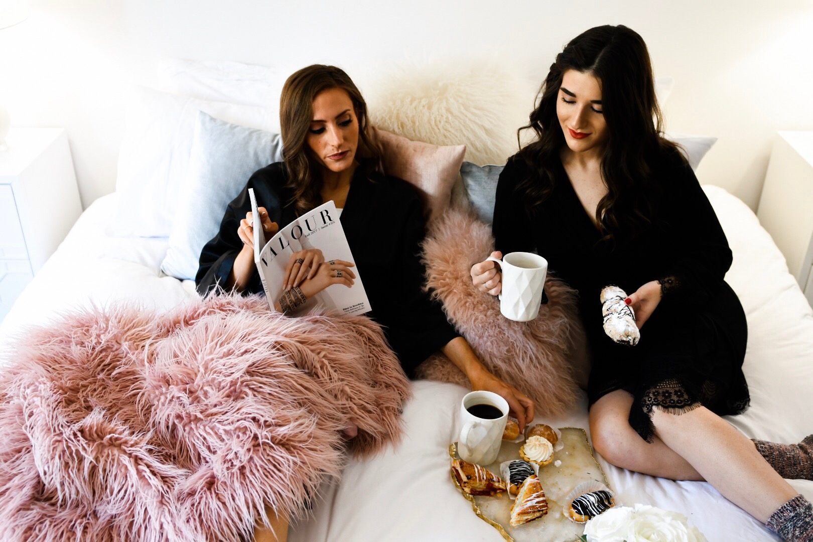 Girls' Night In With Valour Magazine Esther Santer Fashion Blog NYC Street Style Blogger Outfit OOTD Trendy Eishes Style Cozy Blanket Throw Pillows Flowers Desserts Pastries Black Robes Pink Fur Fuzzy Slippers  Jcrew Adore Me Socks Mugs Coffee Women.jpg