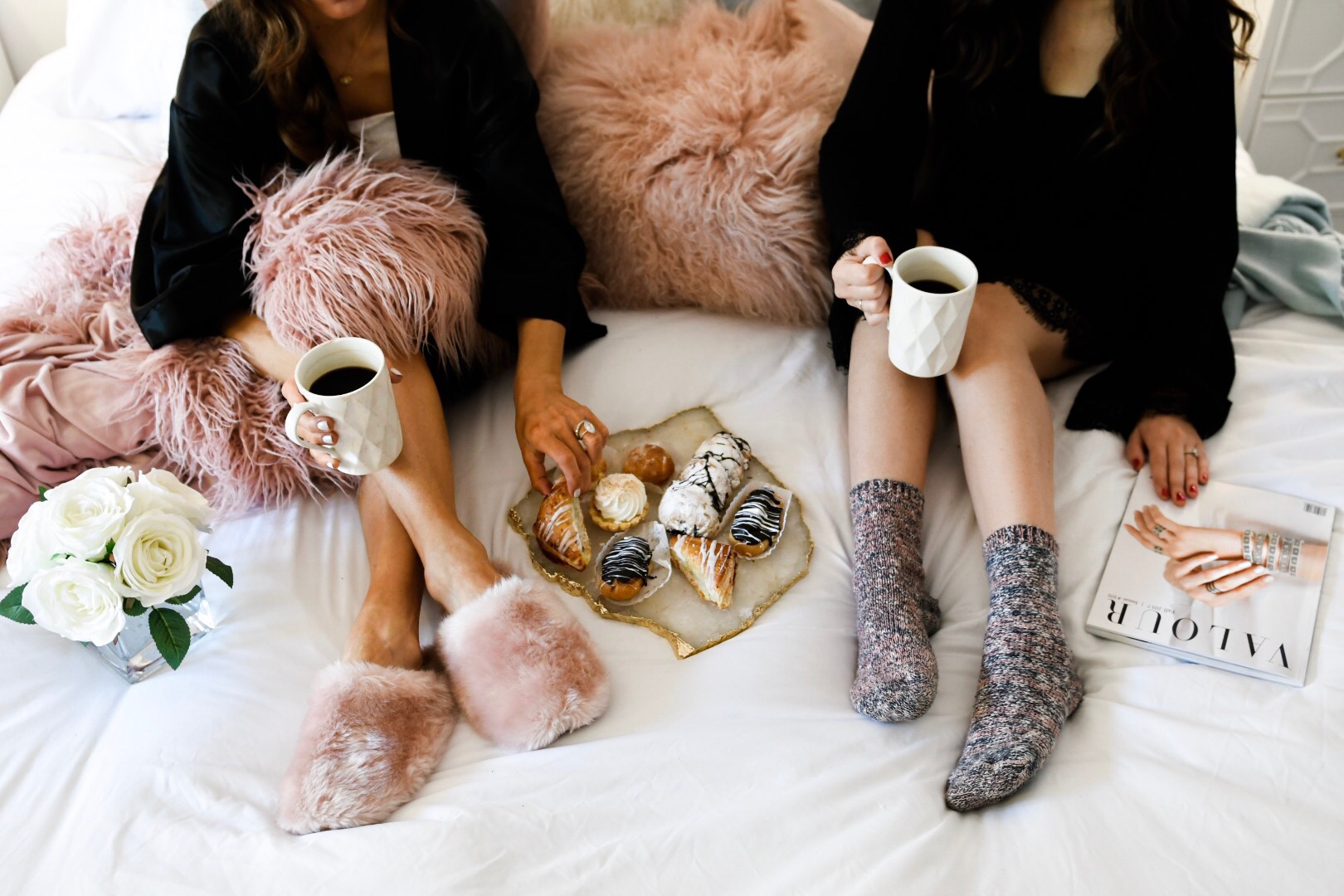 Girls' Night In With Valour Magazine Esther Santer Fashion Blog NYC Street Style Blogger Outfit OOTD Trendy Eishes Style Cozy Blanket Throw Pillows Flowers Desserts Pastries Black Robes Pink Fur Fuzzy Slippers Jcrew Adore Me Socks  Mugs Coffee  Women.jpg