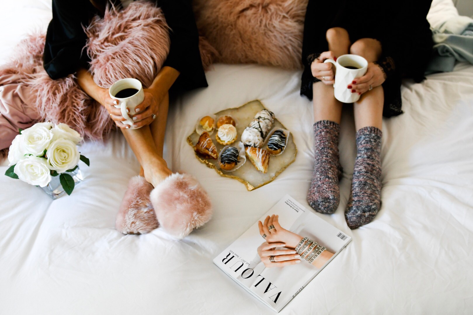 Girls' Night In With Valour Magazine Esther Santer Fashion Blog NYC Street Style Blogger Outfit OOTD Trendy Eishes Style Cozy Blanket Throw Pillows Flowers Desserts Pastries Black Robes Pink Fur Fuzzy Slippers Jcrew Adore Me Socks Mugs Coffee  Women.jpg