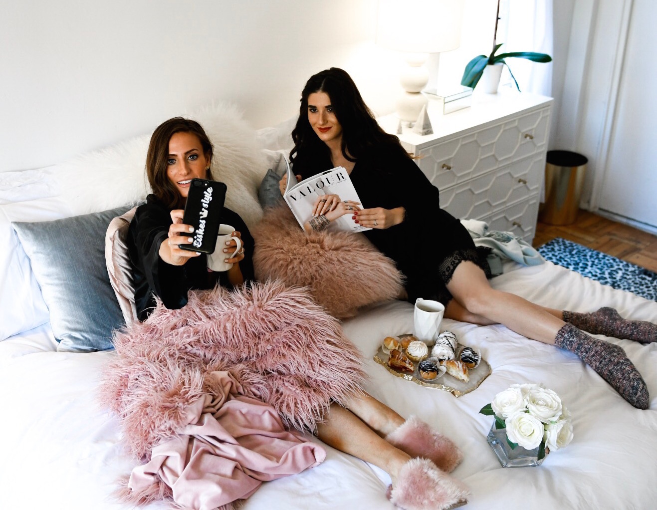 Girls' Night In With Valour Magazine Esther Santer Fashion Blog NYC Street Style Blogger Outfit OOTD Trendy Eishes Style Cozy Blanket Throw Pillows Flowers Desserts Pastries Black Robes Pink Fur Fuzzy Slippers  Jcrew Adore Me Socks Mugs Coffee  Women.jpg