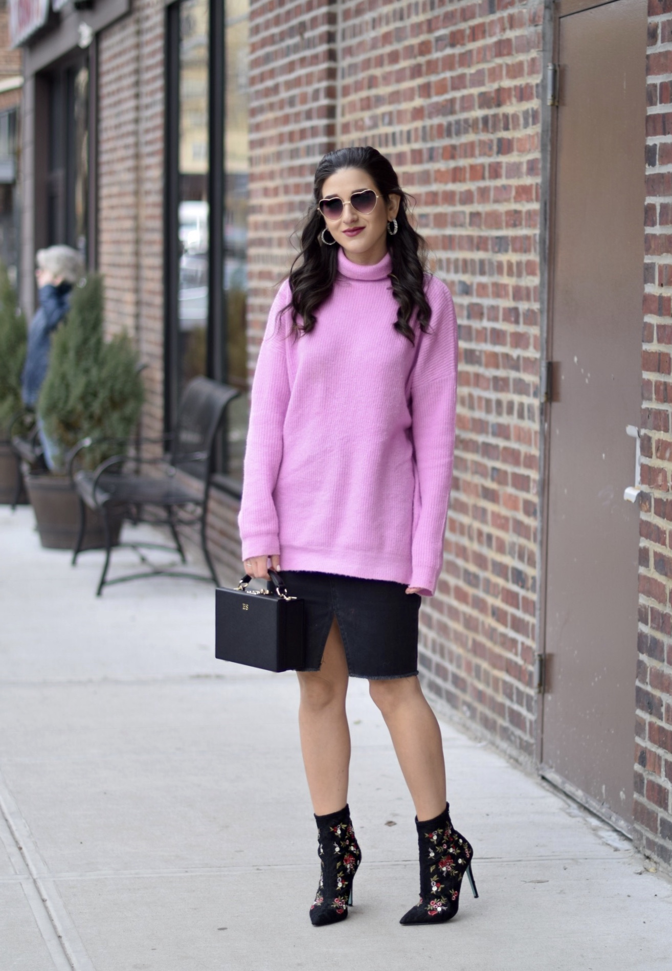 Surviving Winter With ASOS 5 Hardest Parts Of Blogging Esther Santer Fashion Blog NYC Street Style Blogger Outfit OOTD Trendy Pink Sweater Black Denim Skirt Box Bag Floral Booties Betsey Johnson Girl Women Purse Heart Sunglasses Booties Accesories .jpg