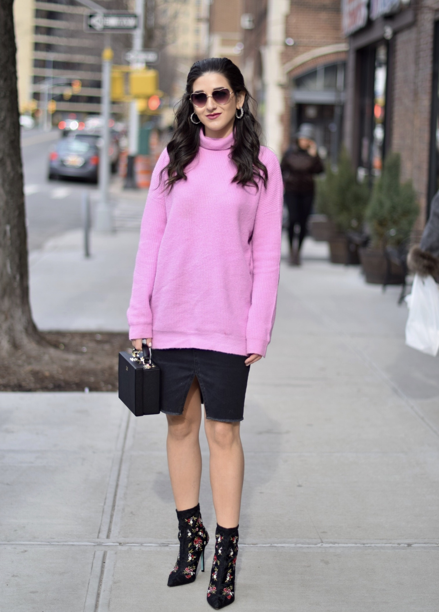 Surviving Winter With ASOS 5 Hardest Parts Of Blogging Esther Santer Fashion Blog NYC Street Style Blogger Outfit OOTD Trendy Pink Sweater Black Denim Skirt Box Bag Floral Booties Betsey Johnson Girl Women Purse  Heart Sunglasses Booties Accesories.jpg