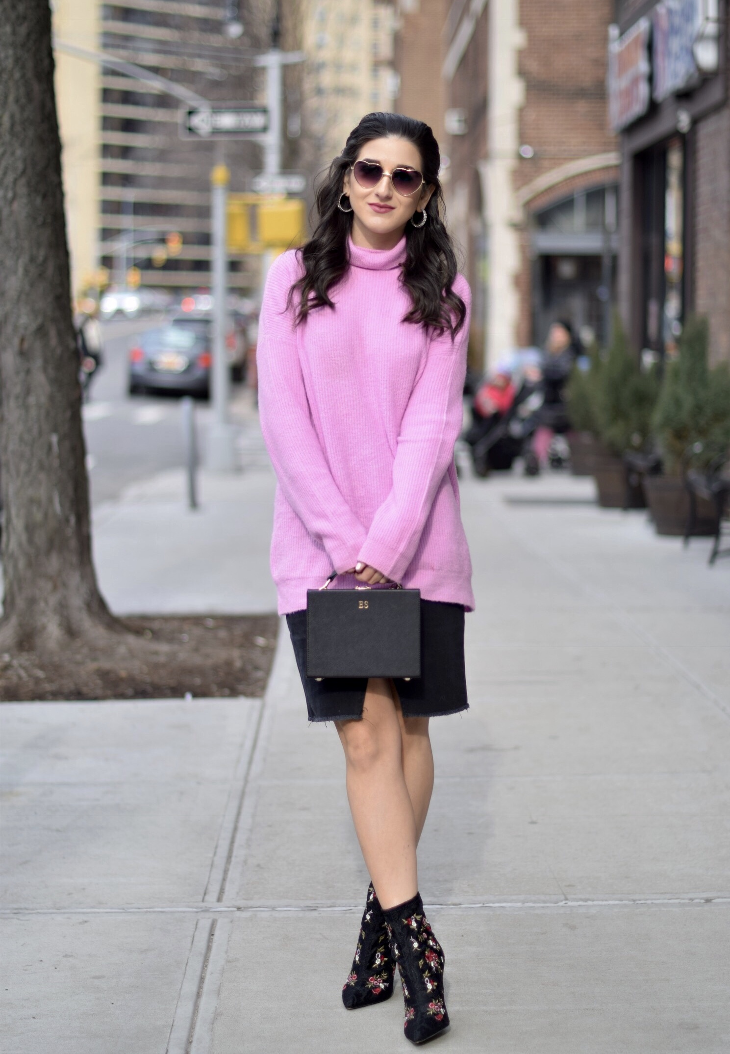 Surviving Winter With ASOS 5 Hardest Parts Of Blogging Esther Santer Fashion Blog NYC Street Style Blogger Outfit OOTD Trendy Pink Sweater Black Denim Skirt Box Bag Floral Booties Betsey Johnson Girl Women Purse Heart Sunglasses  Booties Accesories.jpg