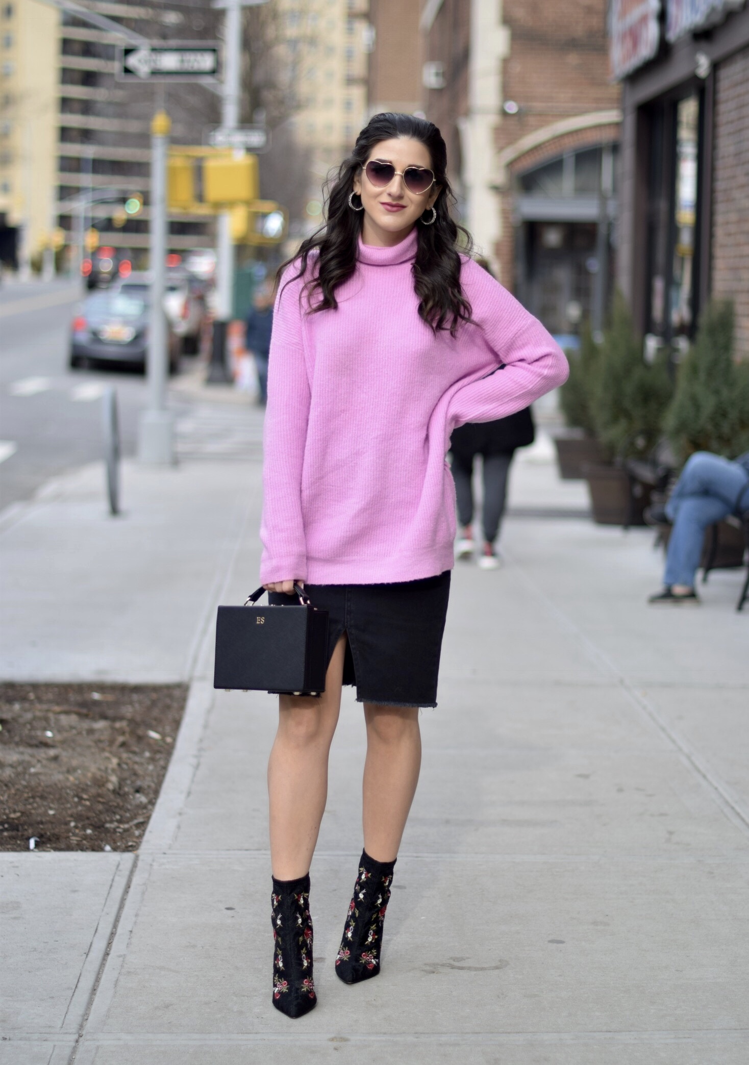 Surviving Winter With ASOS 5 Hardest Parts Of Blogging Esther Santer Fashion Blog NYC Street Style Blogger Outfit OOTD Trendy Pink Sweater Black Denim Skirt Box Bag Floral Booties Betsey Johnson Girl Women Purse Heart Sunglasses Booties Accesories.jpg