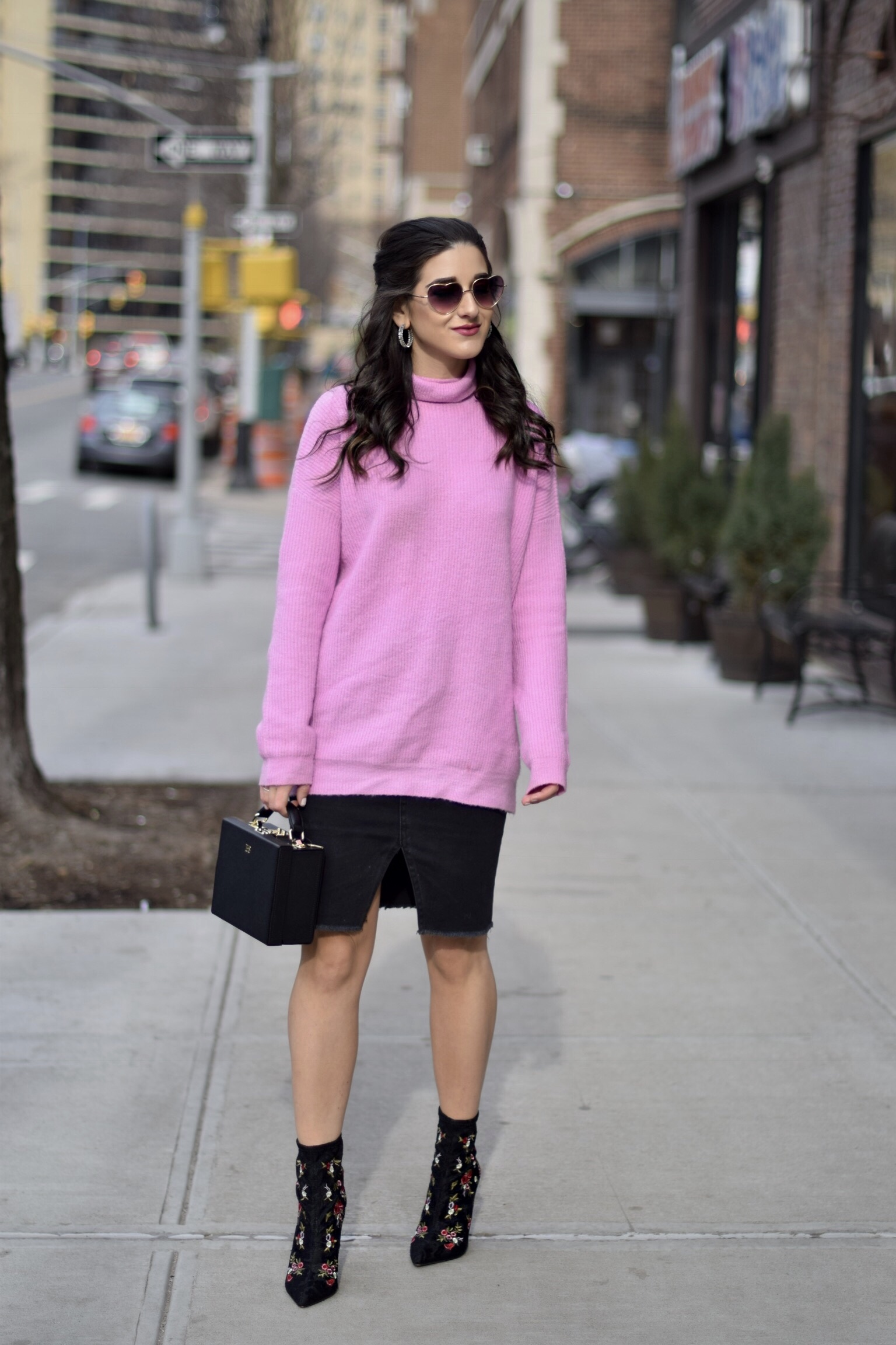 Surviving Winter With ASOS 5 Hardest Parts Of Blogging Esther Santer Fashion Blog NYC Street Style Blogger Outfit OOTD Trendy Pink Sweater Black Denim Skirt Box Bag Floral Booties Betsey Johnson  Girl Women Purse Heart Sunglasses Booties Accesories.jpg