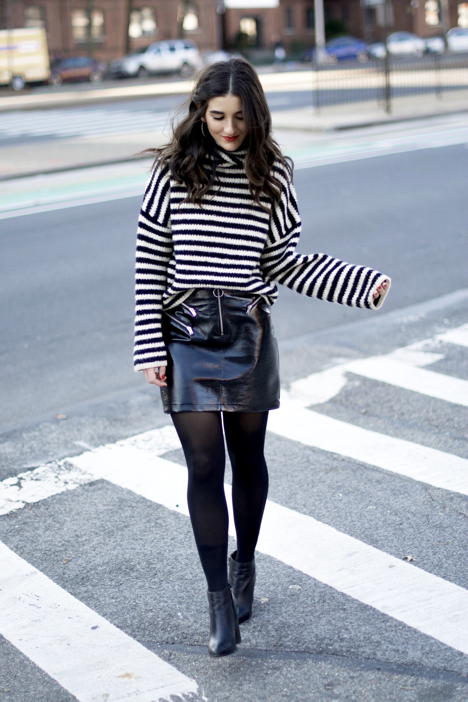 Striped Turtleneck Sweater + Pleather Skirt The Right Way To Ask Someone To Meet For Coffee Esther Santer Fashion Blog NYC Street Style Blogger Outfit OOTD Trendy Girl Women Black White Tights Ankle Booties Winter Hoops Earrings Wavy Hair Shop Shoes.jpg