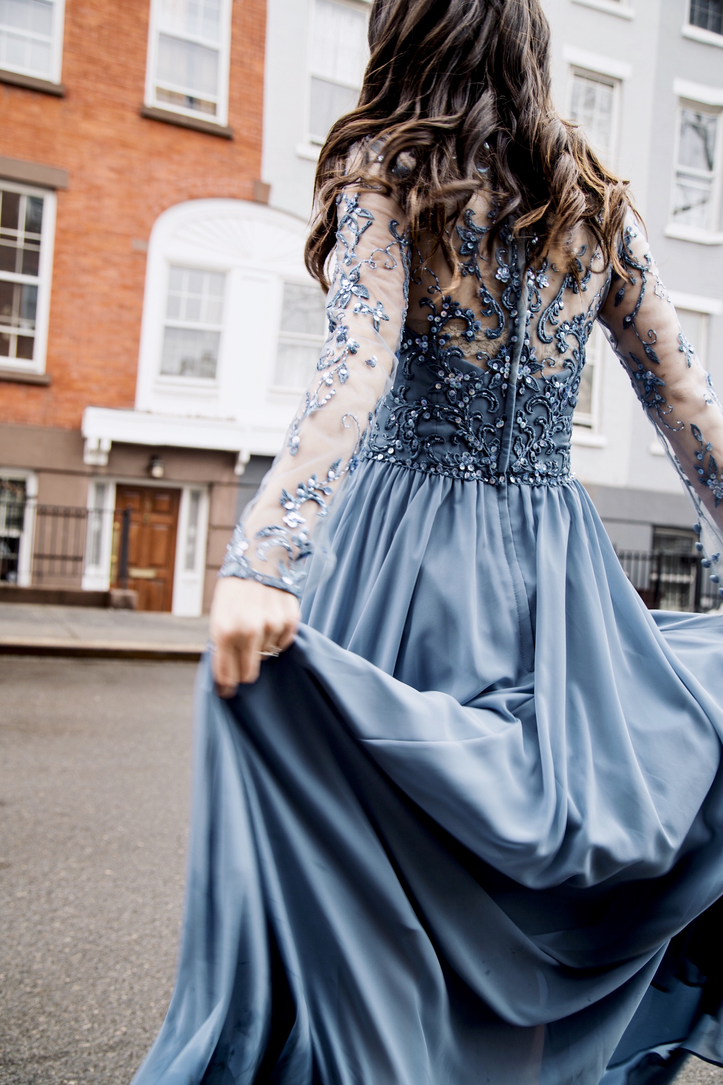 Princess Moments in Morilee Esther Santer Fashion Blog NYC Street Style Blogger Outfit OOTD Trendy Bridesmaid Dress Elsa Frozen Inspiration Braid Hair Women Girl Fancy Elegant Gorgeous Dressed Up Shopping Wedding Buy  Blue Beaded Sheer Long Sleeves.jpg