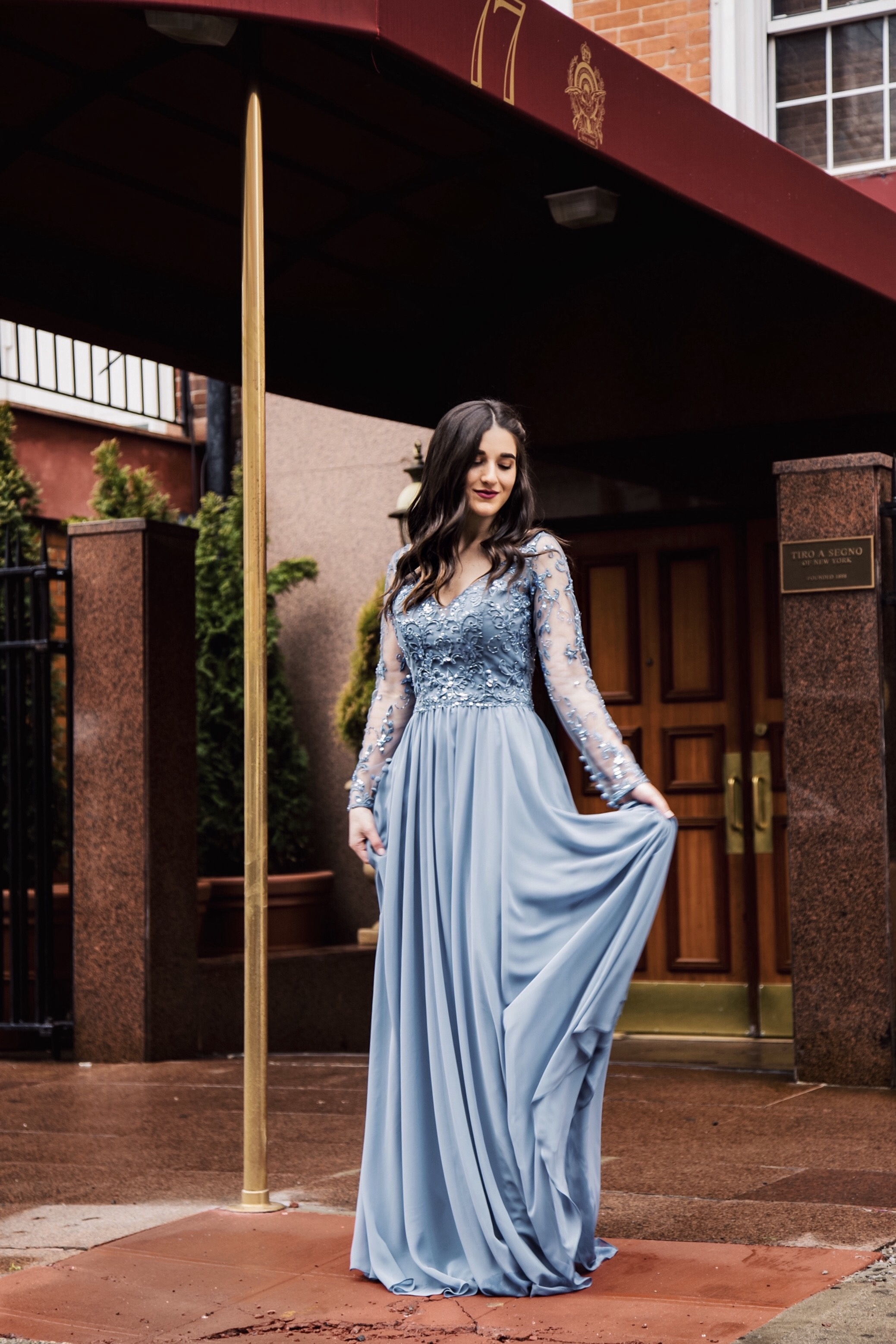 Princess Moments in Morilee Esther Santer Fashion Blog NYC Street Style Blogger Outfit OOTD Trendy Bridesmaid Dress Elsa Frozen Inspiration Braid Hair Women Girl Fancy Elegant Gorgeous Dressed Up Shopping Wedding Buy Blue  Beaded Sheer Long Sleeves.jpg