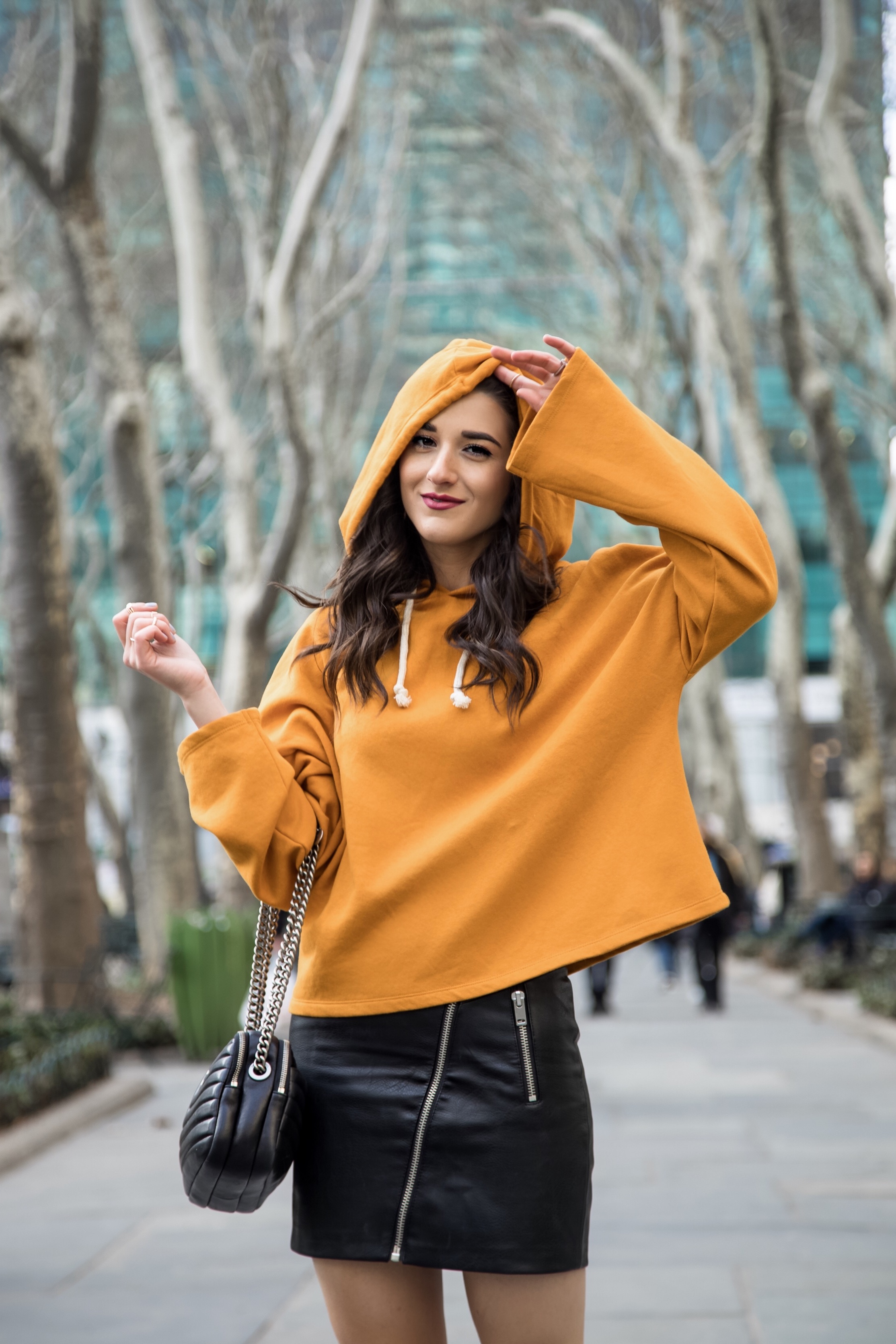 How Blogging Affected My Self Confidence Yellow Sweatshirt Black Pleather Skirt Esther Santer Fashion Blog NYC Street Style Blogger Outfit OOTD Trendy Zara ASOS Hairstyle Sporty Girly Open Toe Booties Shopping Buy Wear Fall Winter Hood Mustard Color.jpg