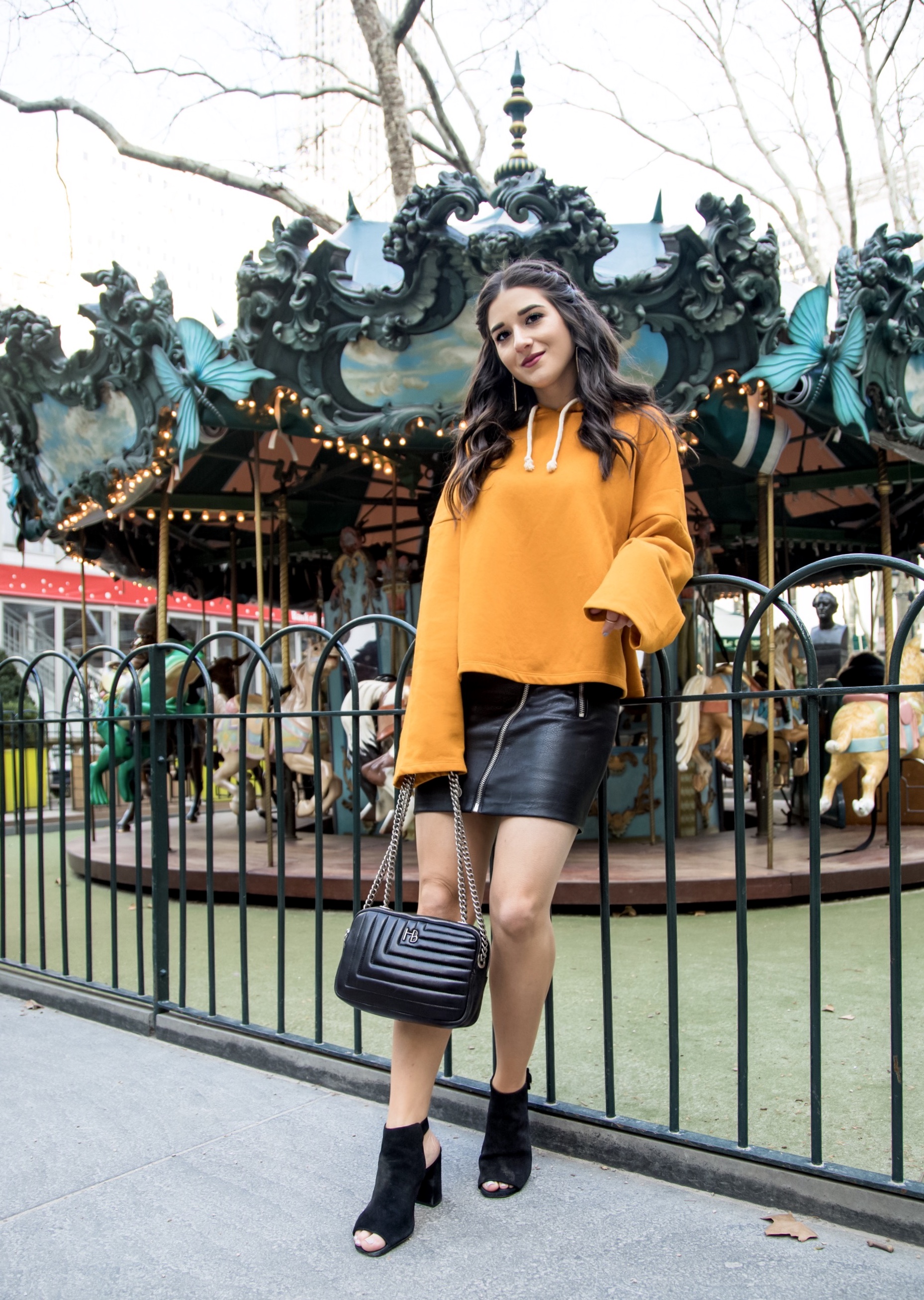 How Blogging Affected My Self Confidence Yellow Sweatshirt Black Pleather Skirt Esther Santer Fashion Blog NYC Street Style Blogger Outfit OOTD Trendy Zara ASOS Hairstyle Sporty Girly Open Toe Booties  Shopping Buy Wear Fall Winter Hood Mustard Color.jpg